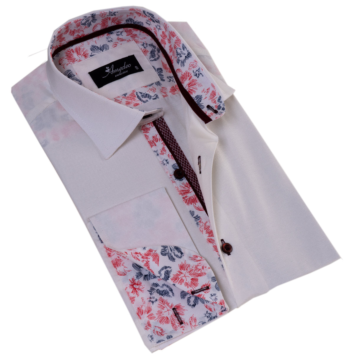 White insdei Red Floral Mens Slim Fit Designer French Cuff Shirt - - Horizon Bliss