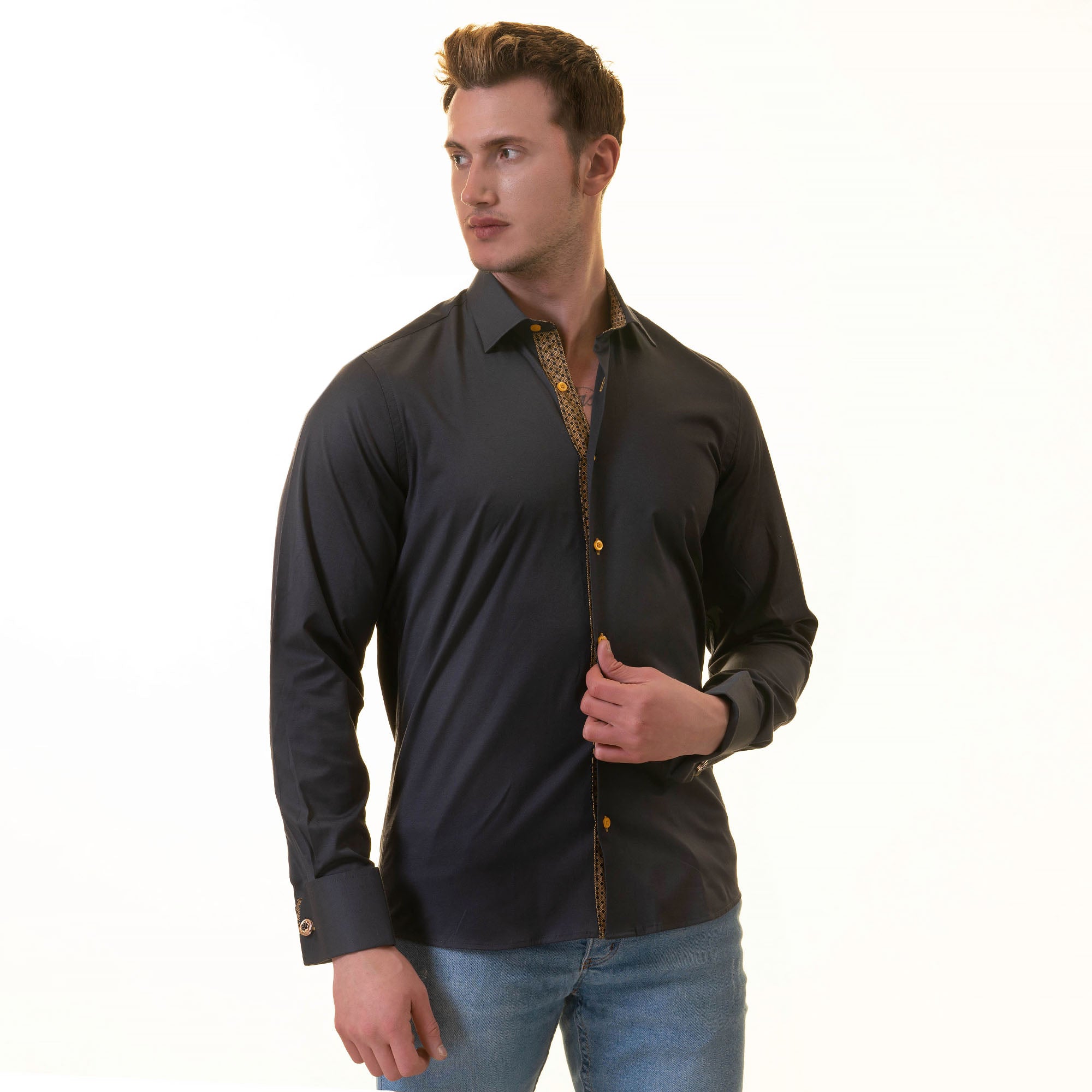 Black inside honeycomb Mens Slim Fit Designer French Cuff Shirt - - Horizon Bliss