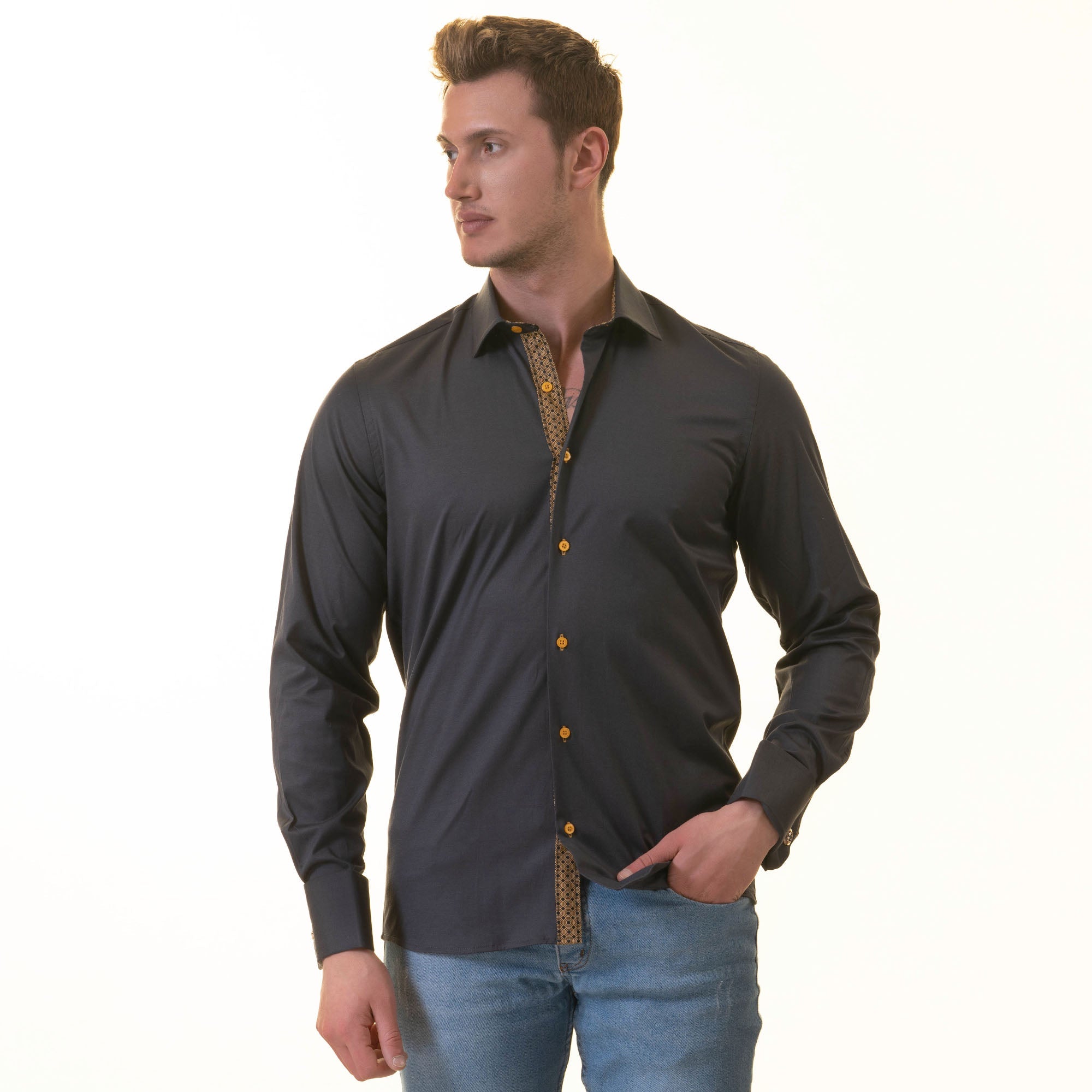 Black inside honeycomb Mens Slim Fit Designer French Cuff Shirt - - Horizon Bliss