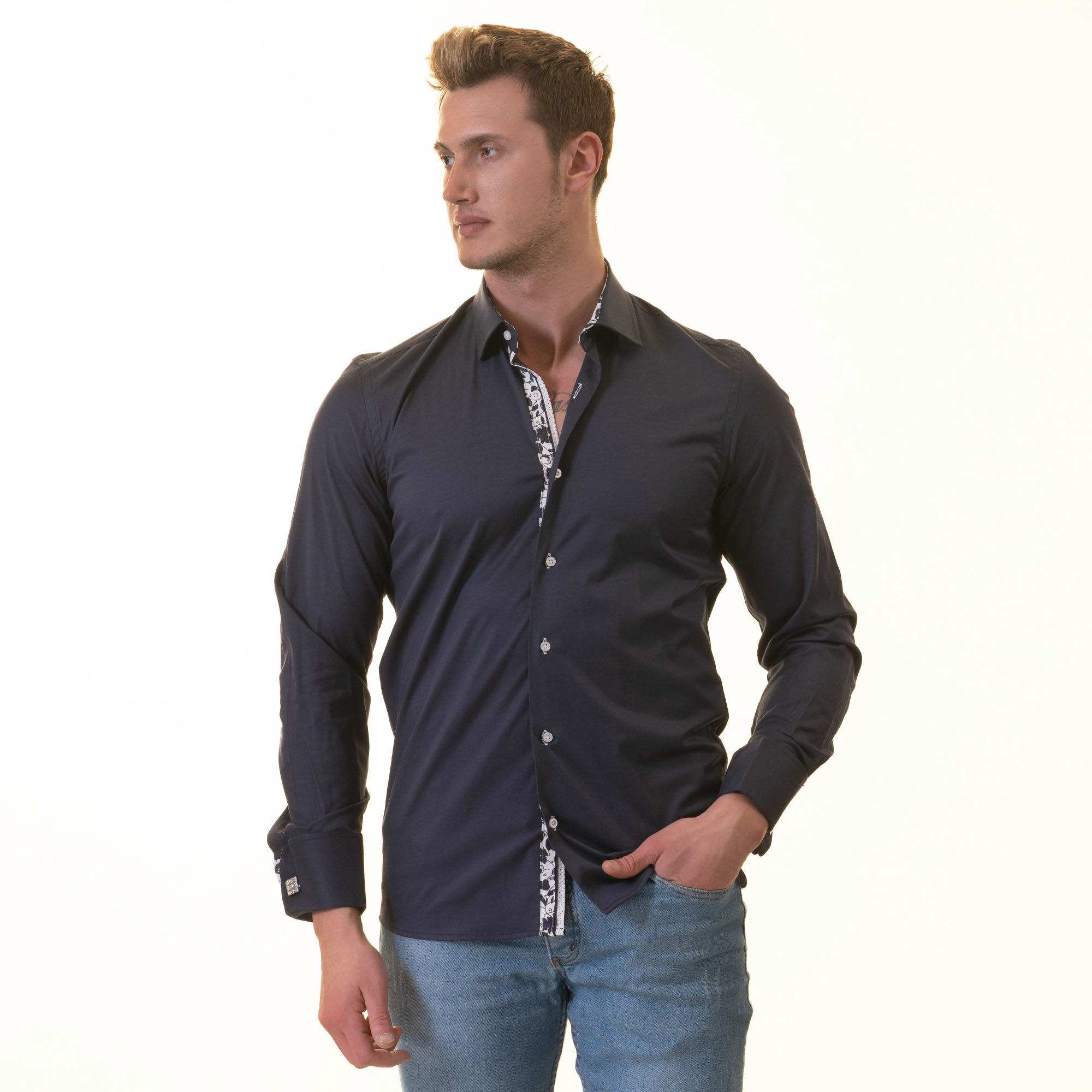 Navy inside Floral Mens Slim Fit Designer French Cuff Shirt - tailored - Horizon Bliss