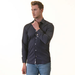 Navy inside Floral Mens Slim Fit Designer French Cuff Shirt - tailored - Horizon Bliss