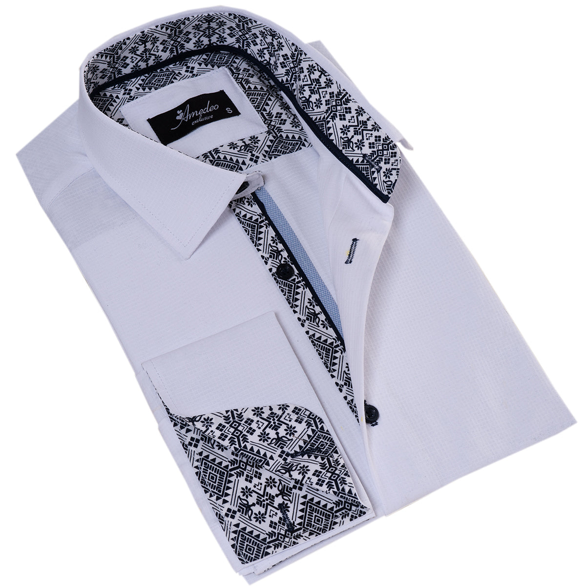 White inside Black Printed Double Cuff Shirt Mens Slim Fit Designer - Horizon Bliss