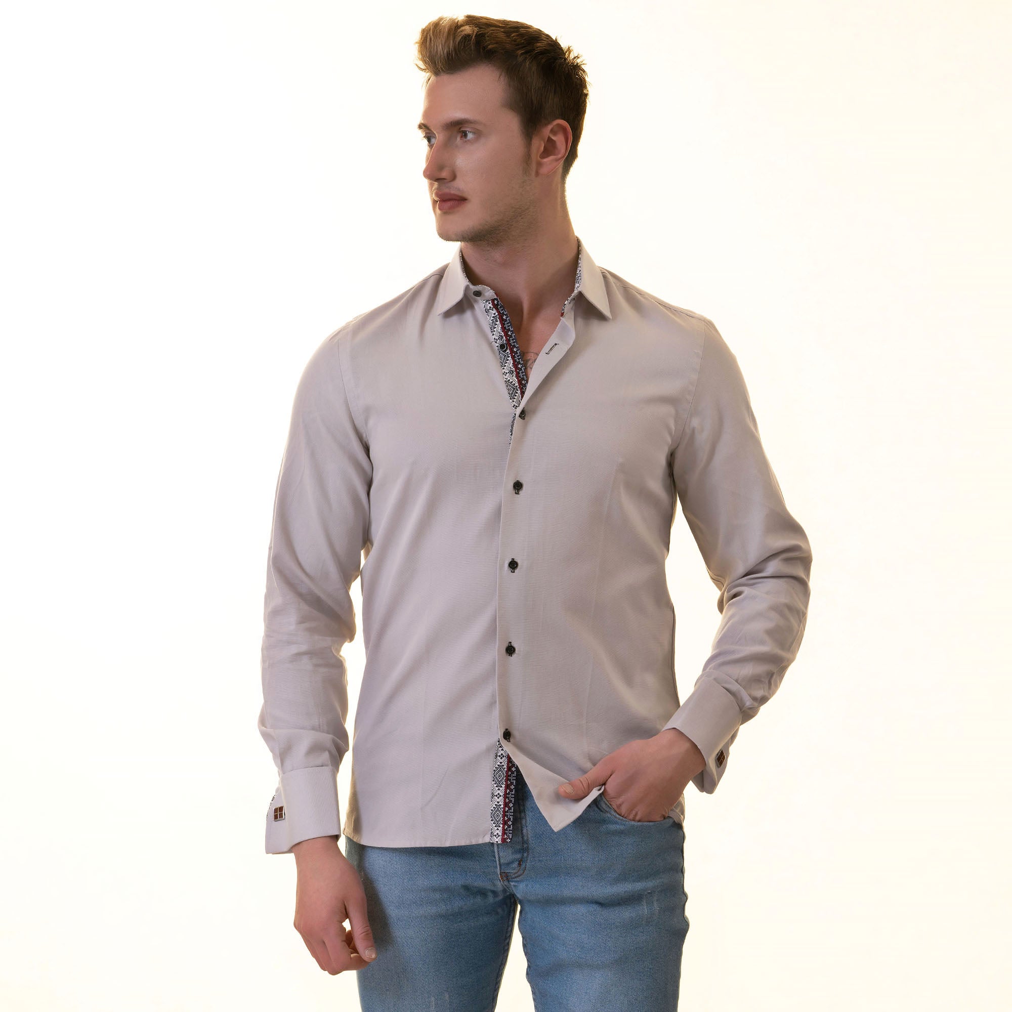 Gray with inside White Ptrined Double Cuff Shirt Mens Slim Fit - Horizon Bliss