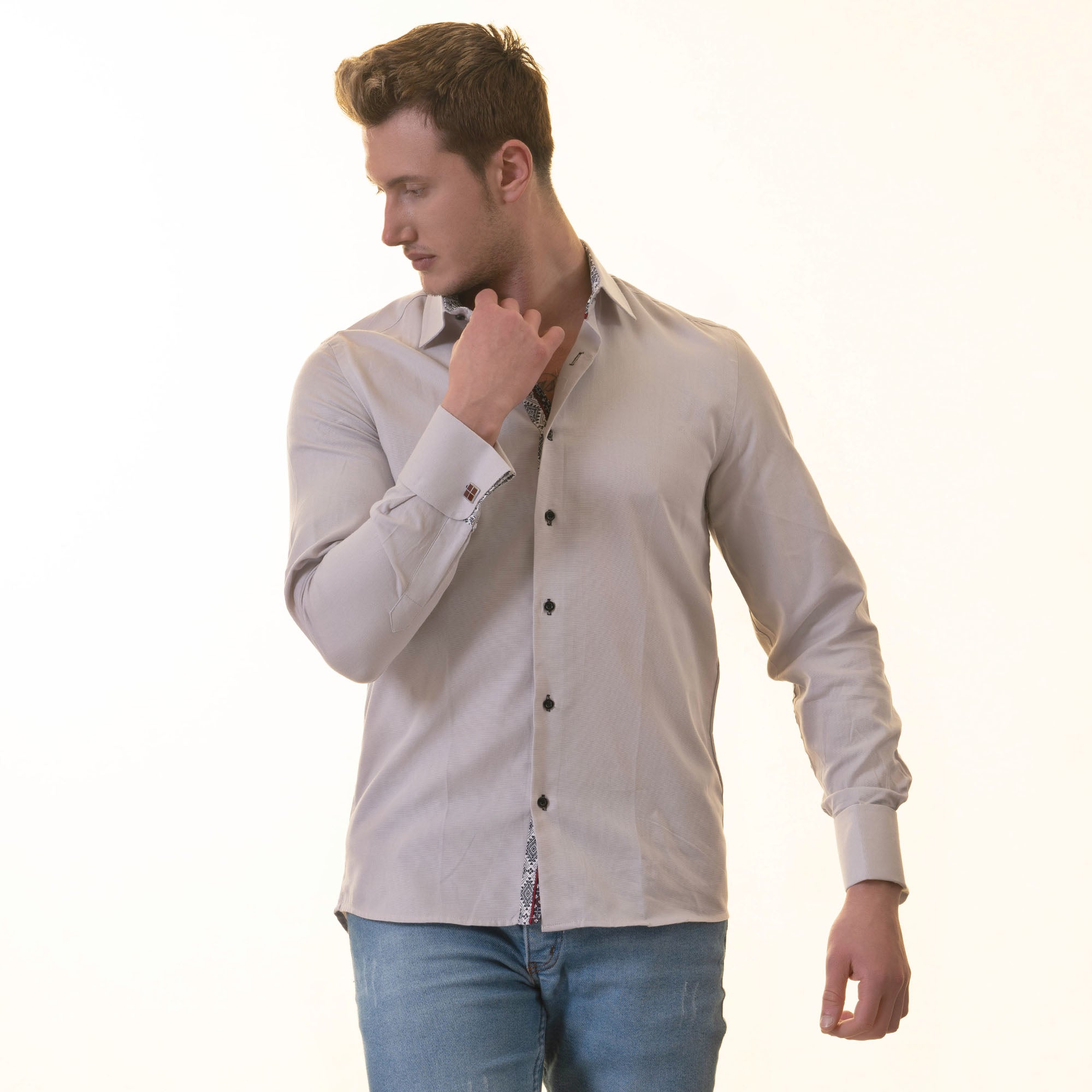 Gray with inside White Ptrined Double Cuff Shirt Mens Slim Fit - Horizon Bliss