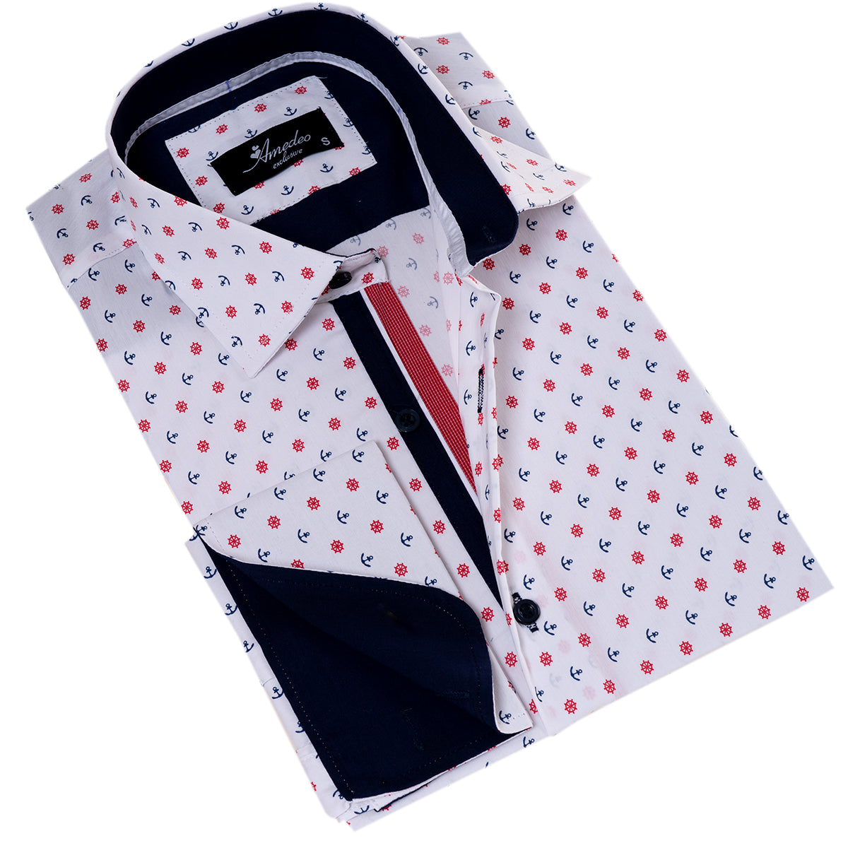 White Blue & Red Anchor Mens Slim Fit Designer French Cuff Shirt - Horizon Bliss