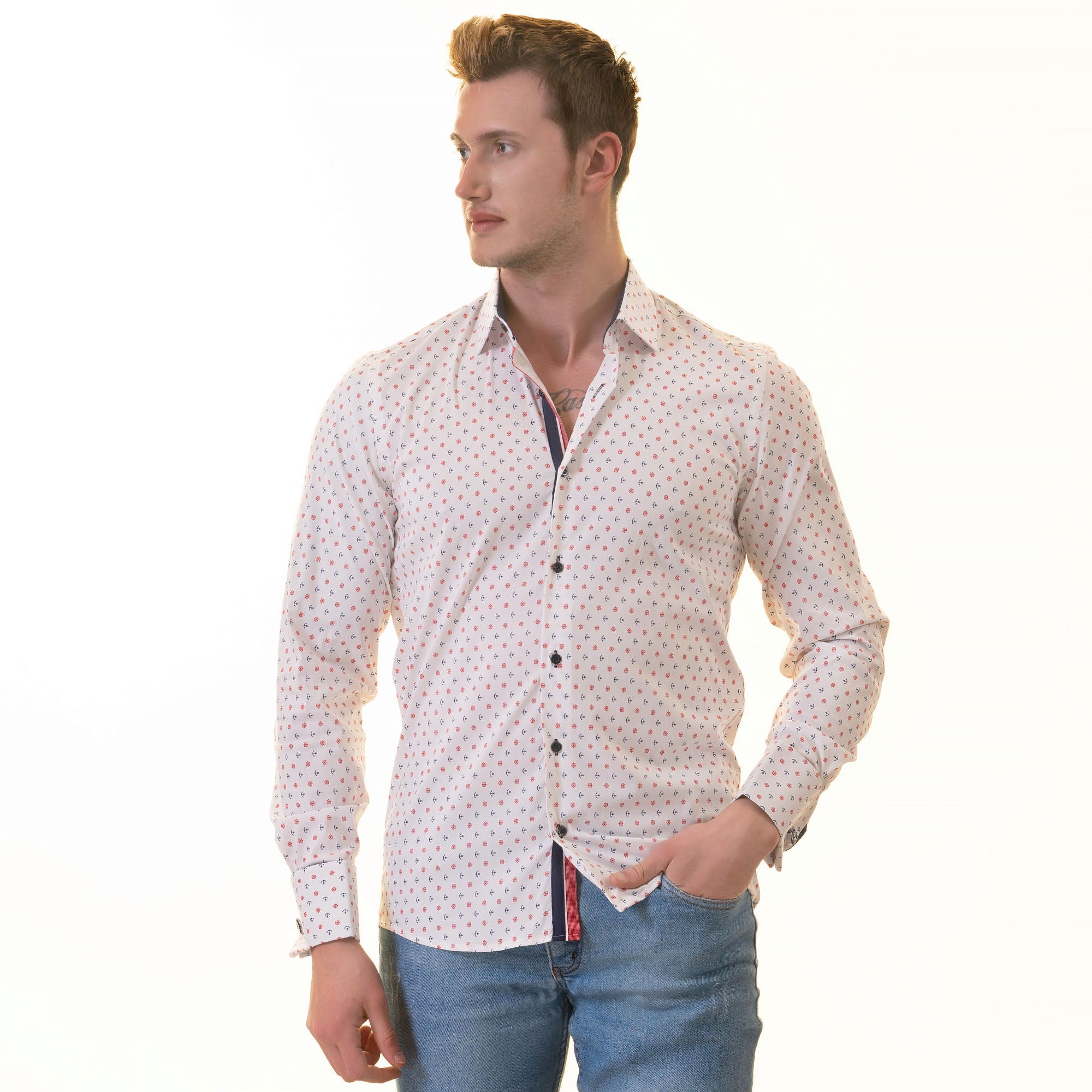 White Blue & Red Anchor Mens Slim Fit Designer French Cuff Shirt - Horizon Bliss