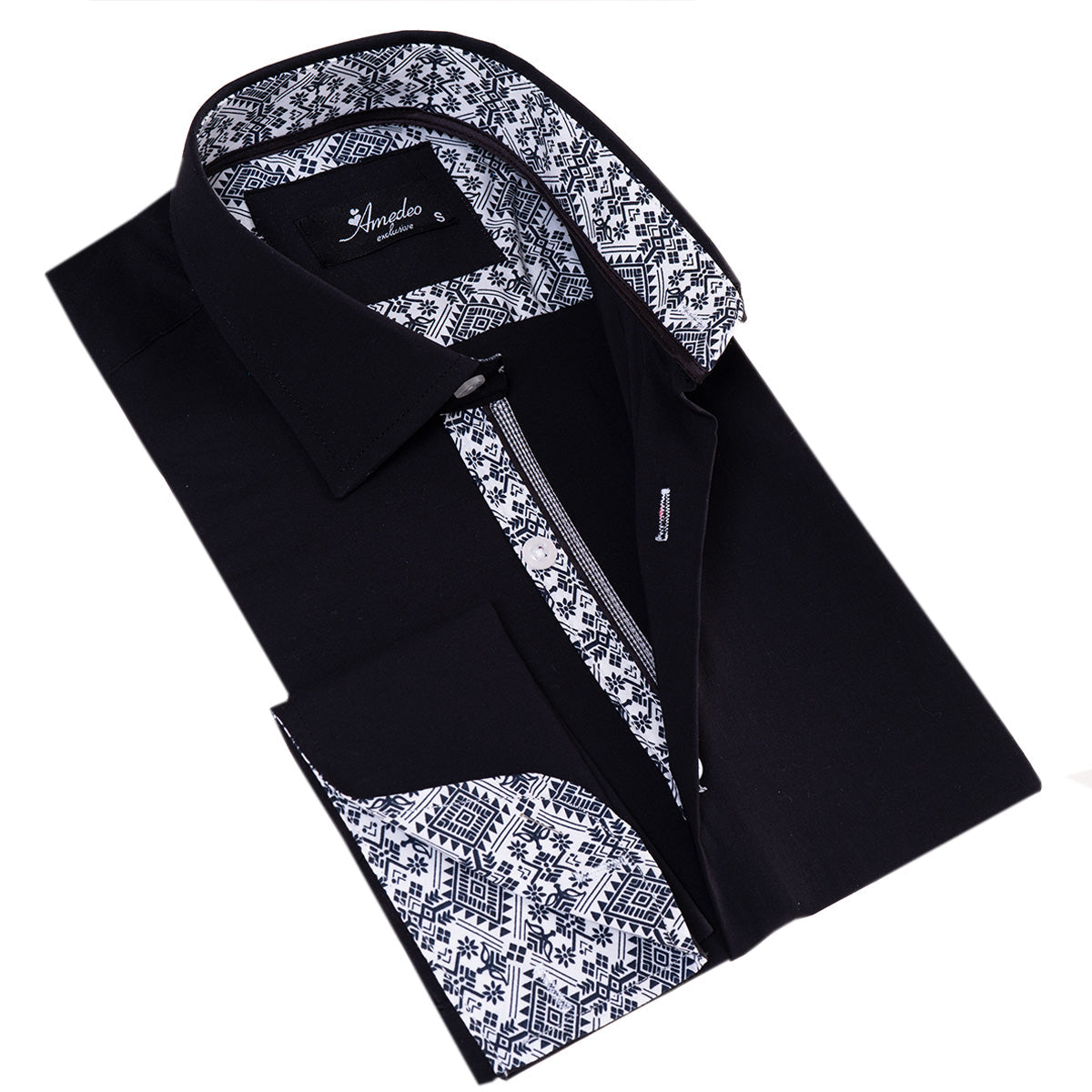 Black inside White Printed Double Cuff Shirt Mens Slim Fit Designer - Horizon Bliss