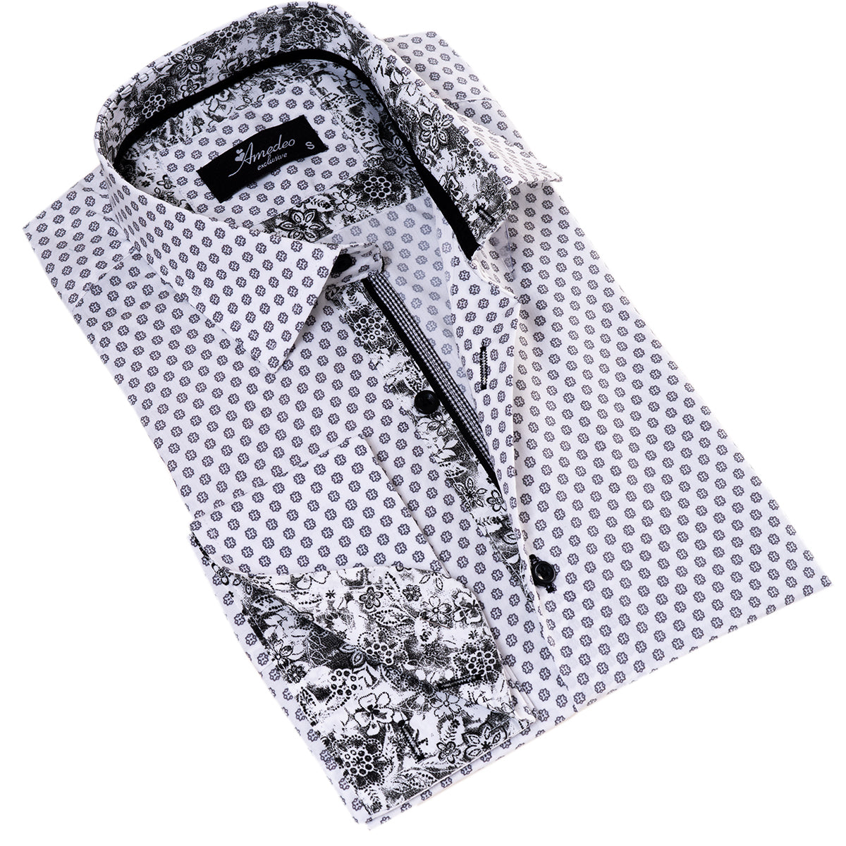 White Polka Dot Printed  Mens Slim Fit Designer French Cuff Shirt - Horizon Bliss