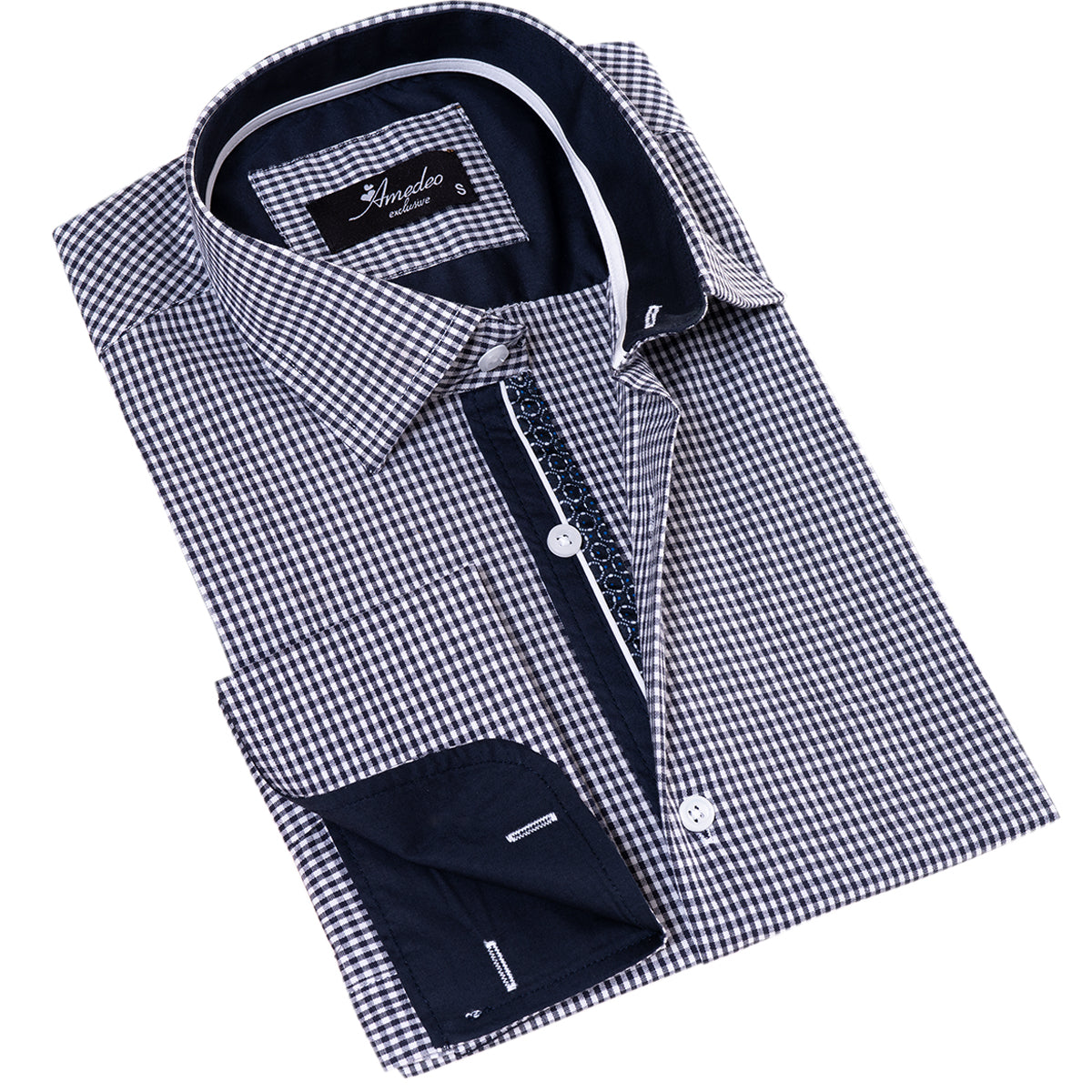 Black Checkered Mens Slim Fit Designer French Cuff Shirt - Horizon Bliss