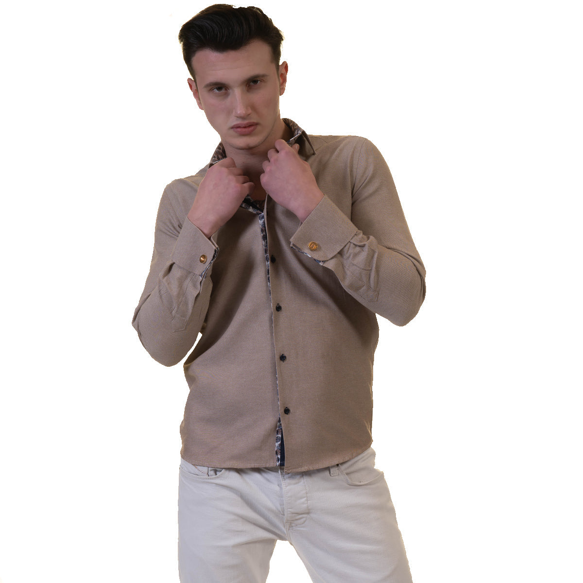 Brown White Mens Slim Fit French Cuff Shirts with Cufflink Holes - - Horizon Bliss