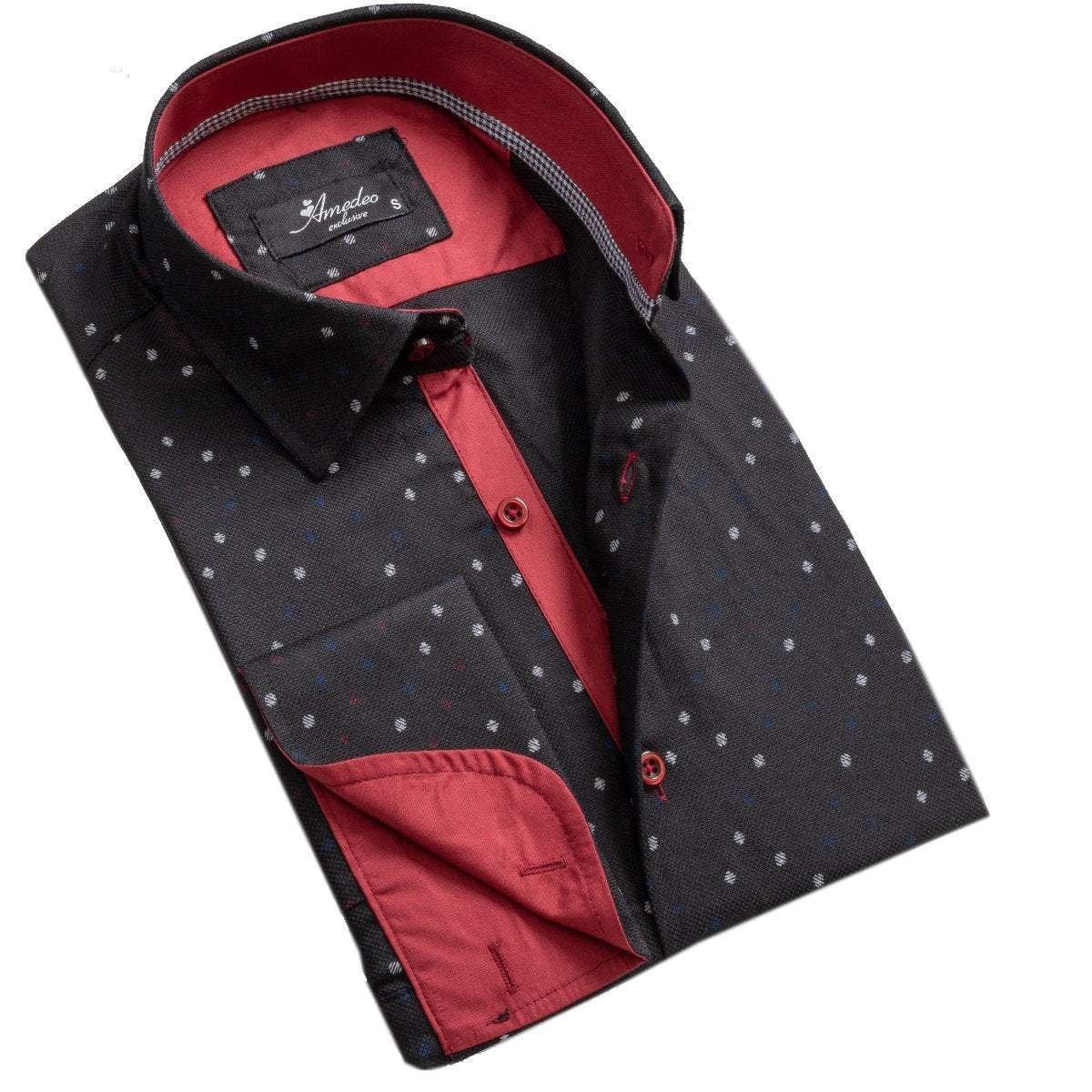 Black And Red Mens Slim Fit French Cuff Shirts with Cufflink Holes - - Horizon Bliss