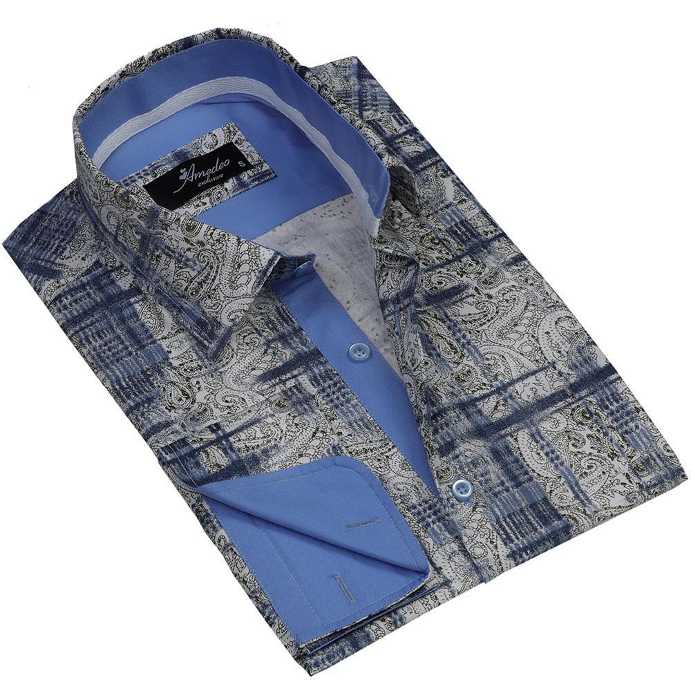 Beige Blue Paisley Mens Slim Fit Designer French Cuff Shirt - tailored - Horizon Bliss