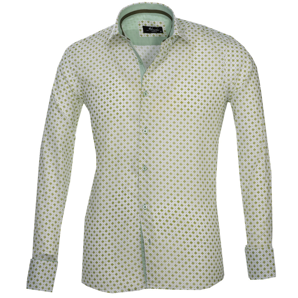 Light Green with Pattern Mens Slim Fit French Cuff Shirts with - Horizon Bliss