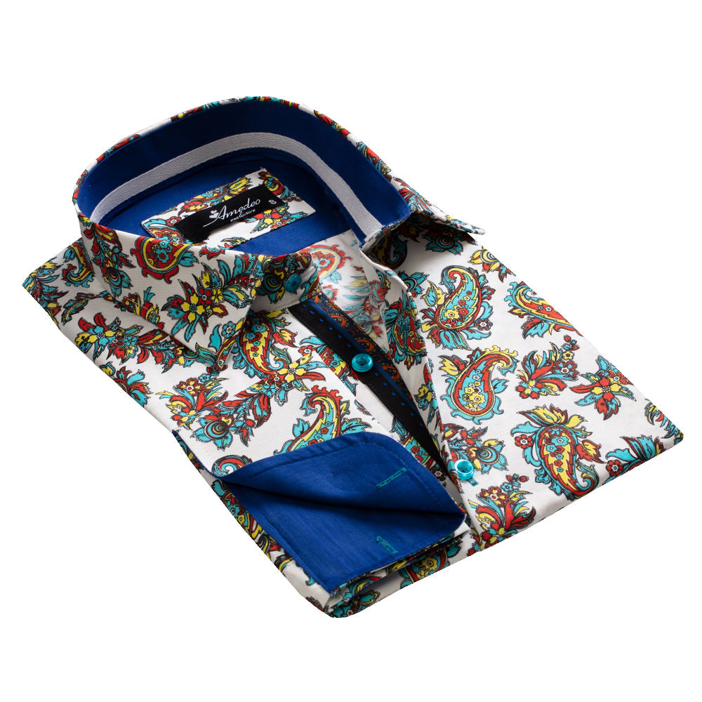 Colorful Paisley on White Mens Slim Fit French Cuff Shirts with - Horizon Bliss