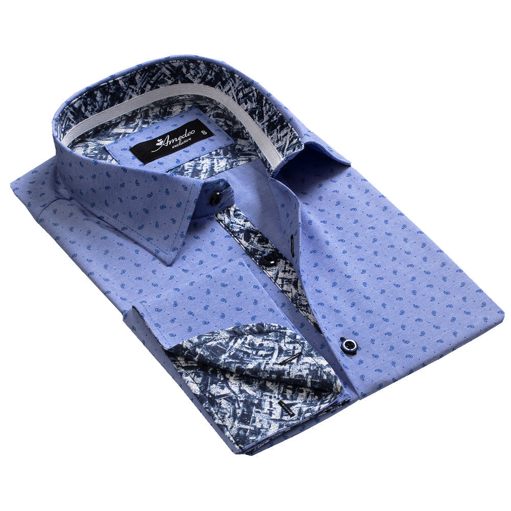 Denim Blue Mens Slim Fit French Cuff Shirts with Cufflink Holes - - Horizon Bliss