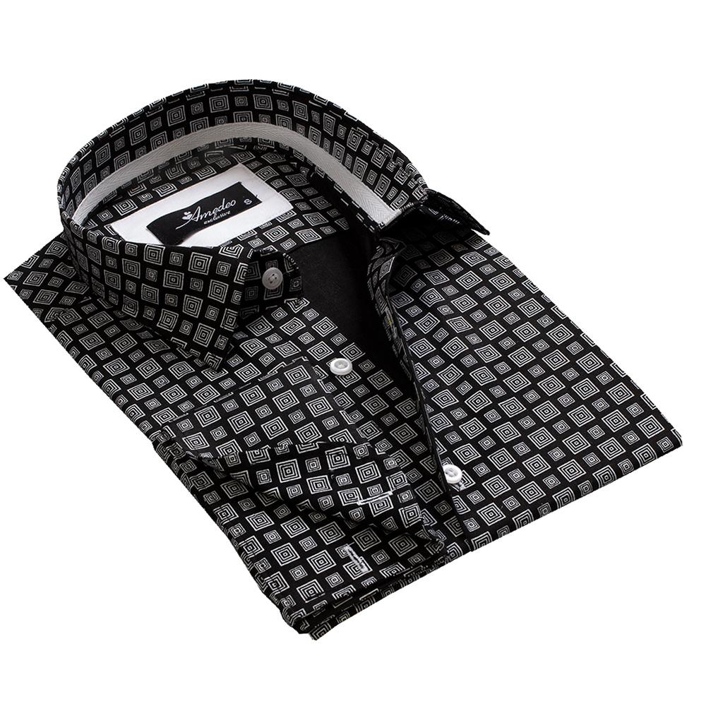 Black Grey Squares Mens Slim Fit French Cuff Shirts with Cufflink - Horizon Bliss