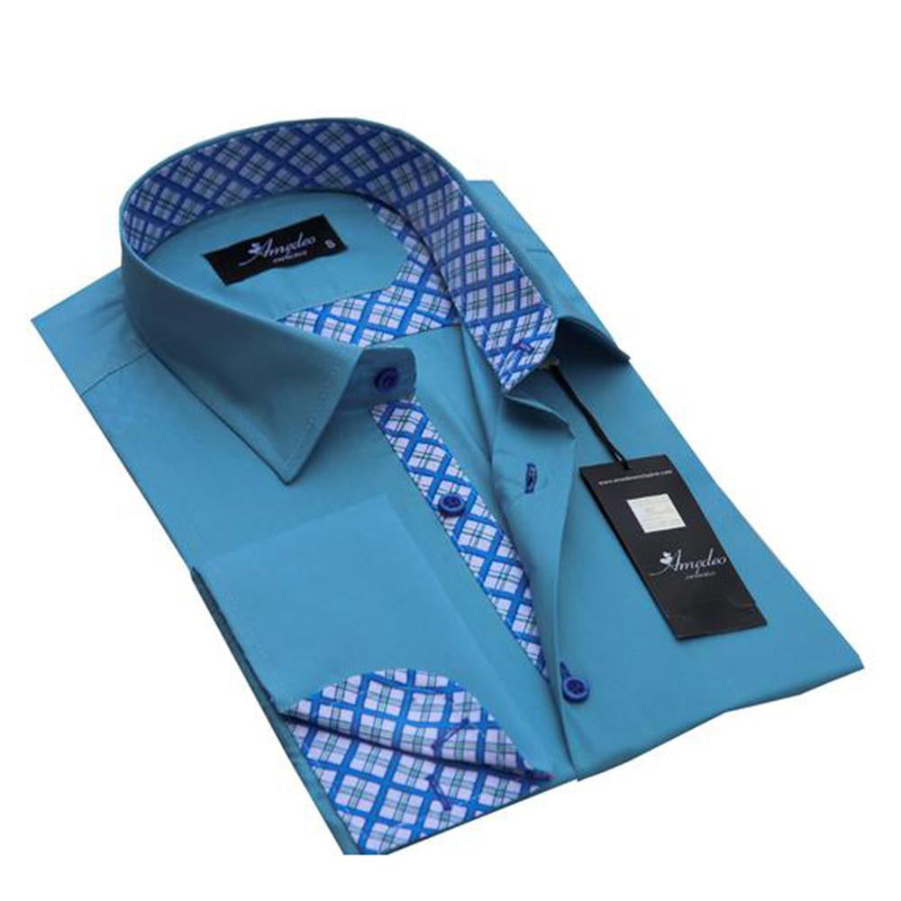 Turquoise Blue Mens Slim Fit French Cuff Shirts With Cufflink Holes - - Horizon Bliss