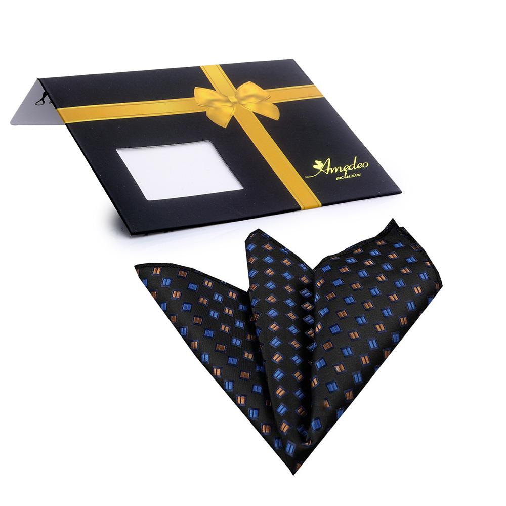 Black with Metallic Blue & Gold Mens Pocket Square - Premium Silk - Horizon Bliss