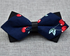 Men's Navy Blue Red Cherries 100% Cotton Pre-Tied Bow Tie - Horizon Bliss