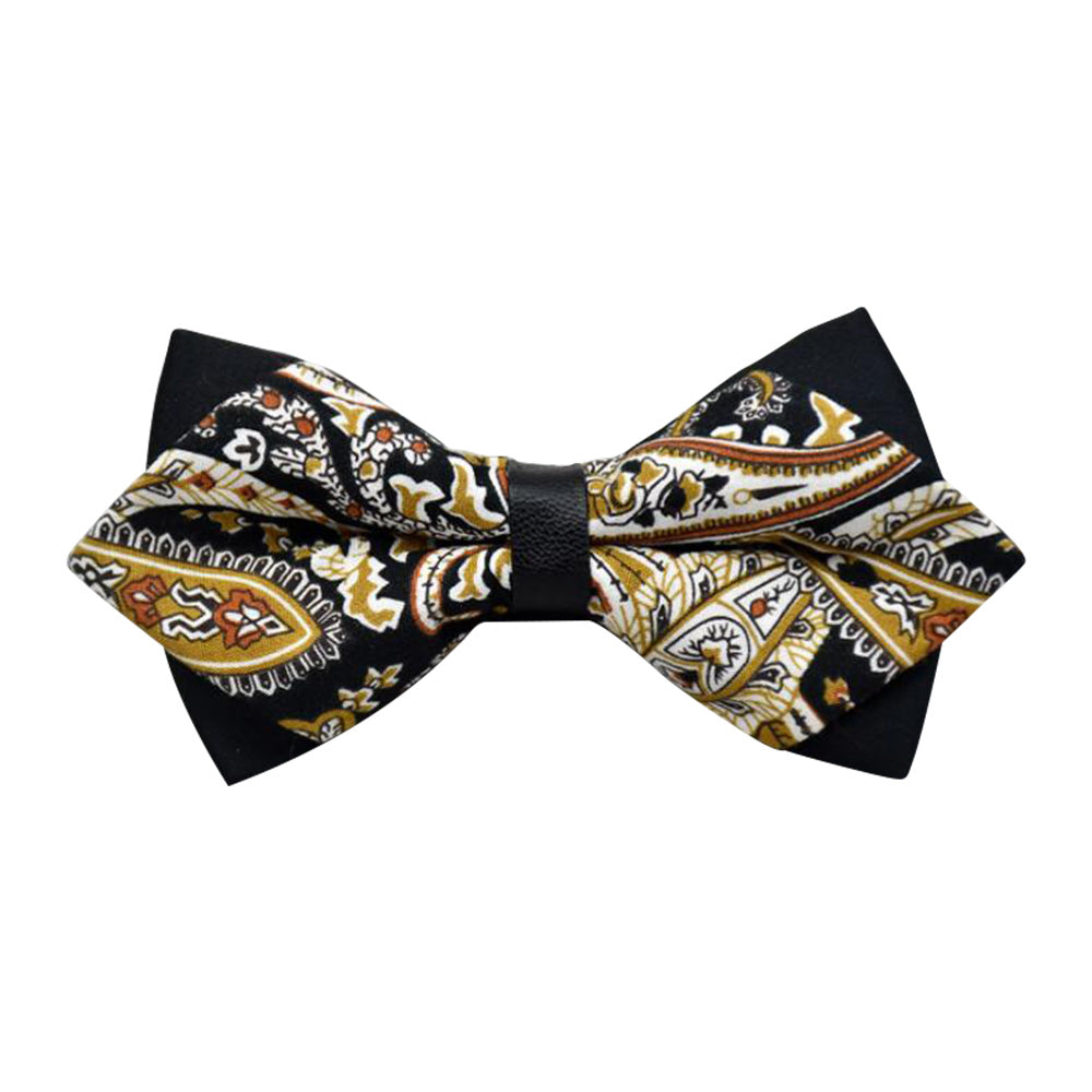 Men's Black Gold Floral 100% Cotton Pre-Tied Bow Tie - Horizon Bliss