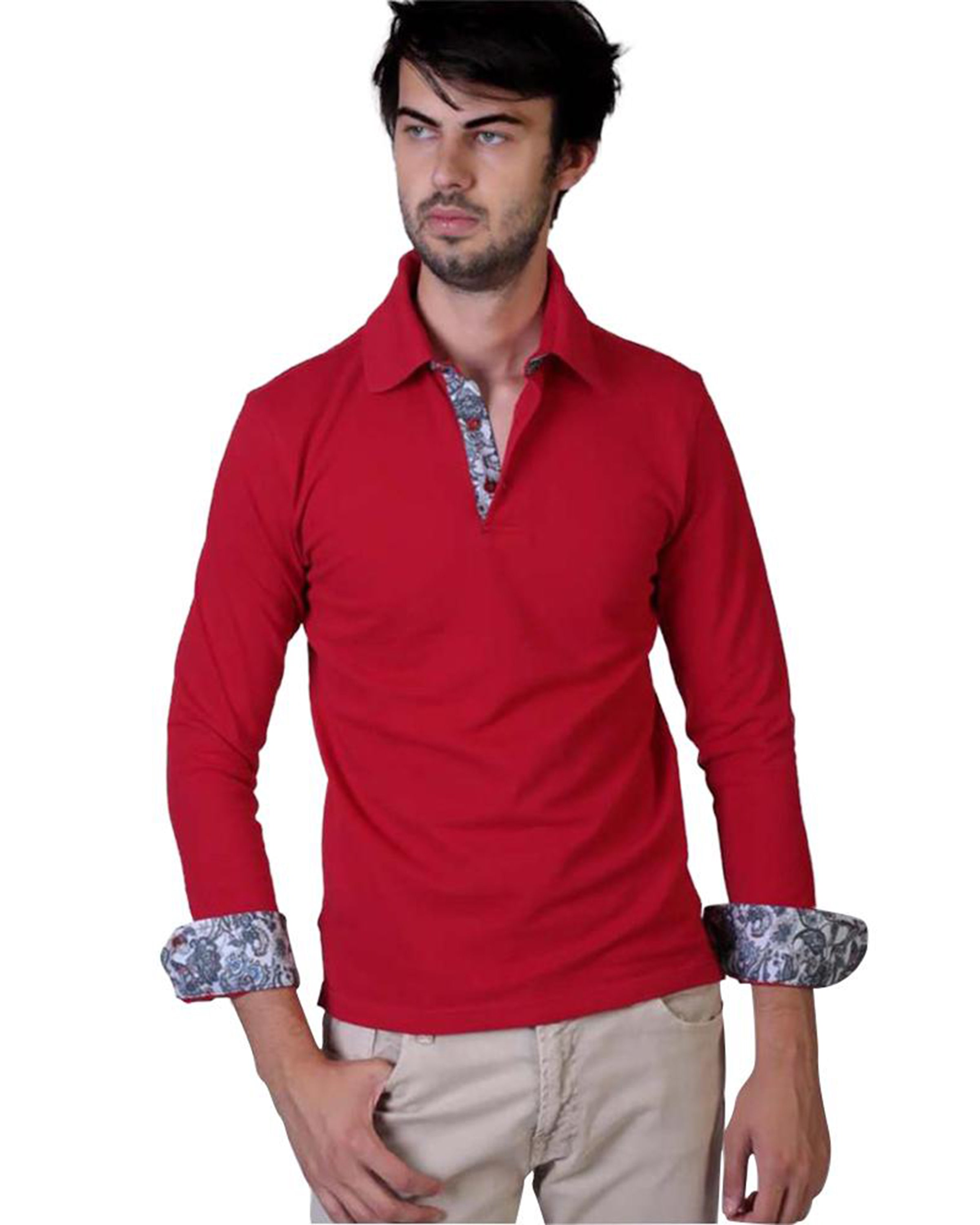 Red Paisley Mens Slim Fit Polo Shirts - 100% Soft Cotton - Tailored - Horizon Bliss