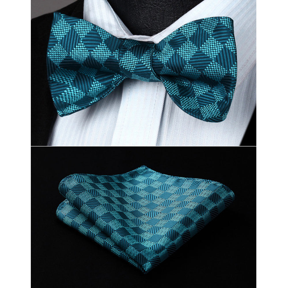 Turquoise Checkers Mens Silk Self tie Bow Tie with Pocket Squares Set - Horizon Bliss