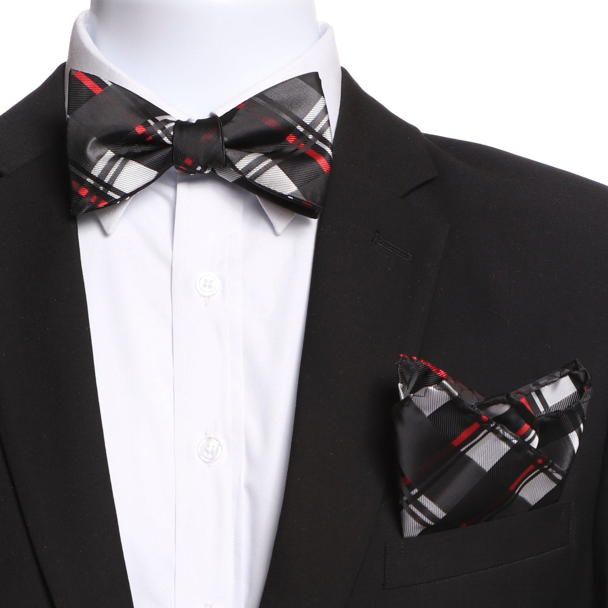 Men's Black And Silver Plaid Jacquard Woven Italian Silk Self Bow Tie - Horizon Bliss