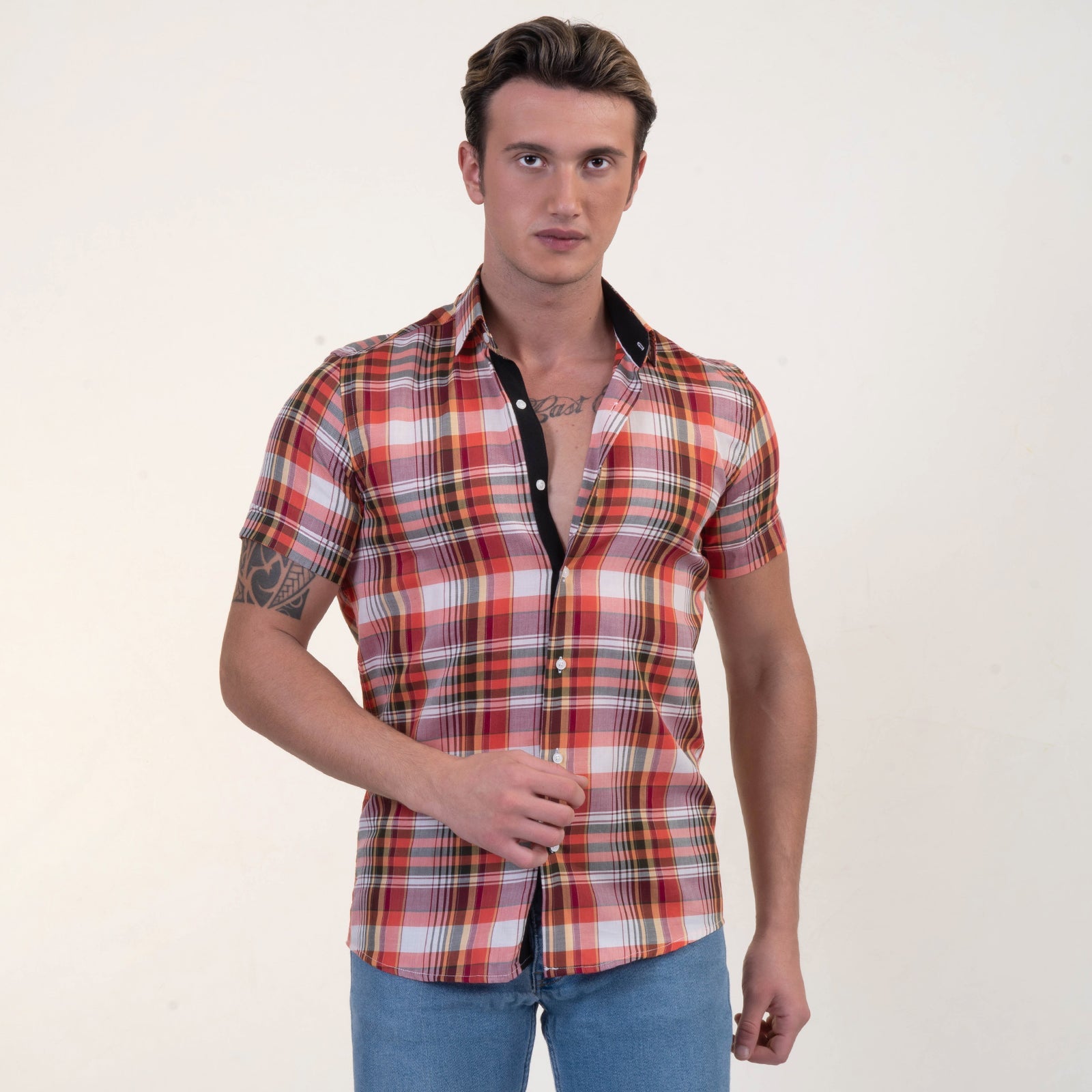 Red Plaid Nova Check Mens Short Sleeve Button up Shirts - Tailored - Horizon Bliss