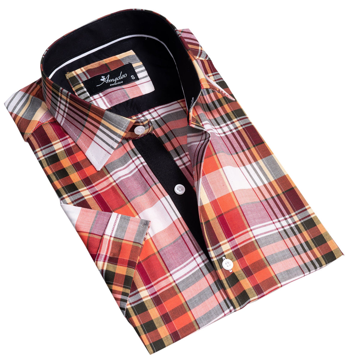 Red Plaid Nova Check Mens Short Sleeve Button up Shirts - Tailored - Horizon Bliss