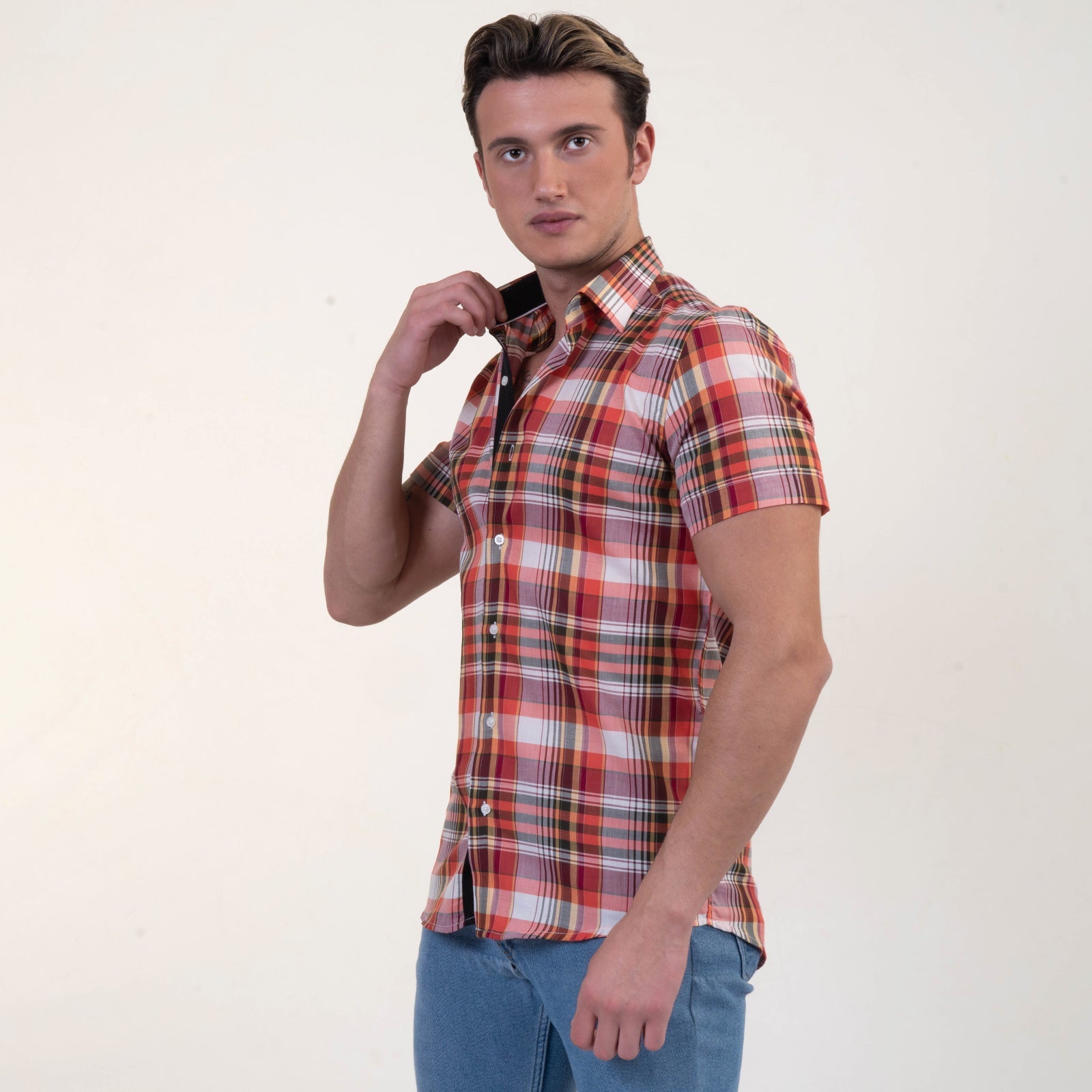 Red Plaid Nova Check Mens Short Sleeve Button up Shirts - Tailored - Horizon Bliss