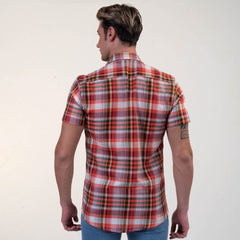 Red Plaid Nova Check Mens Short Sleeve Button up Shirts - Tailored - Horizon Bliss