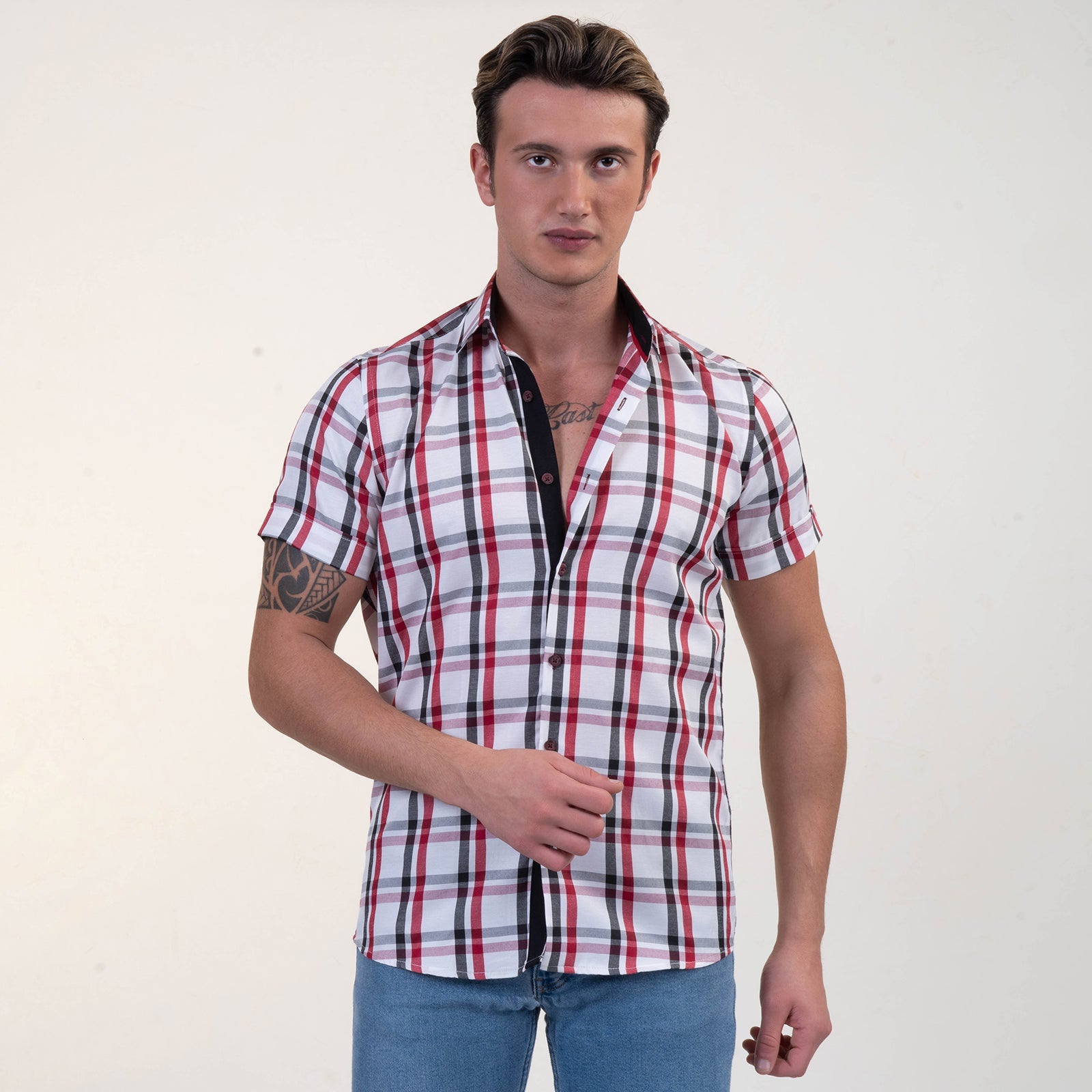 Red Black White Checkered Mens Short Sleeve Button up Shirts - - Horizon Bliss