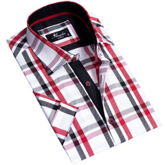 Red Black White Checkered Mens Short Sleeve Button up Shirts - - Horizon Bliss