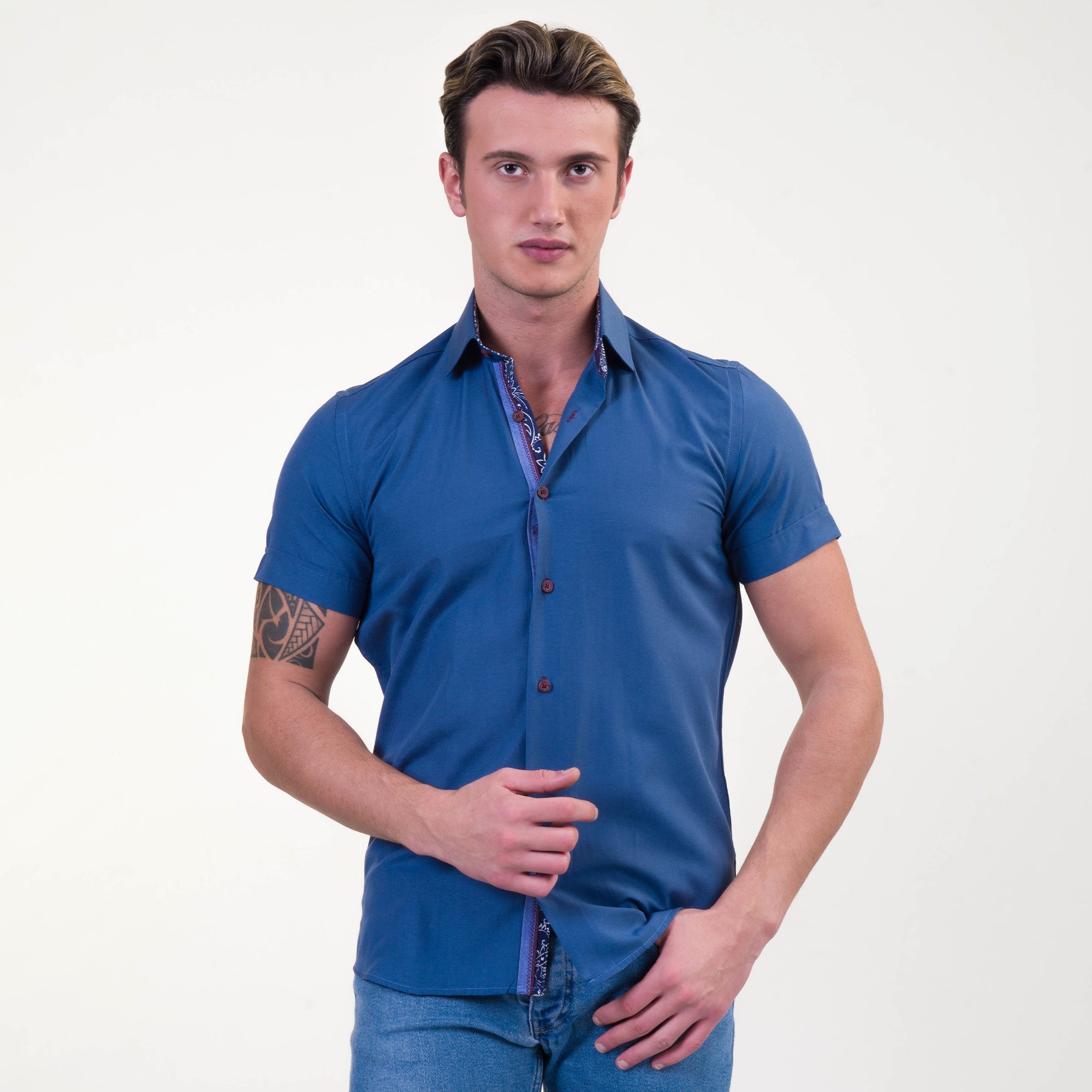 Rich Blue Mens Short Sleeve Button up Shirts - Tailored Slim Fit - Horizon Bliss