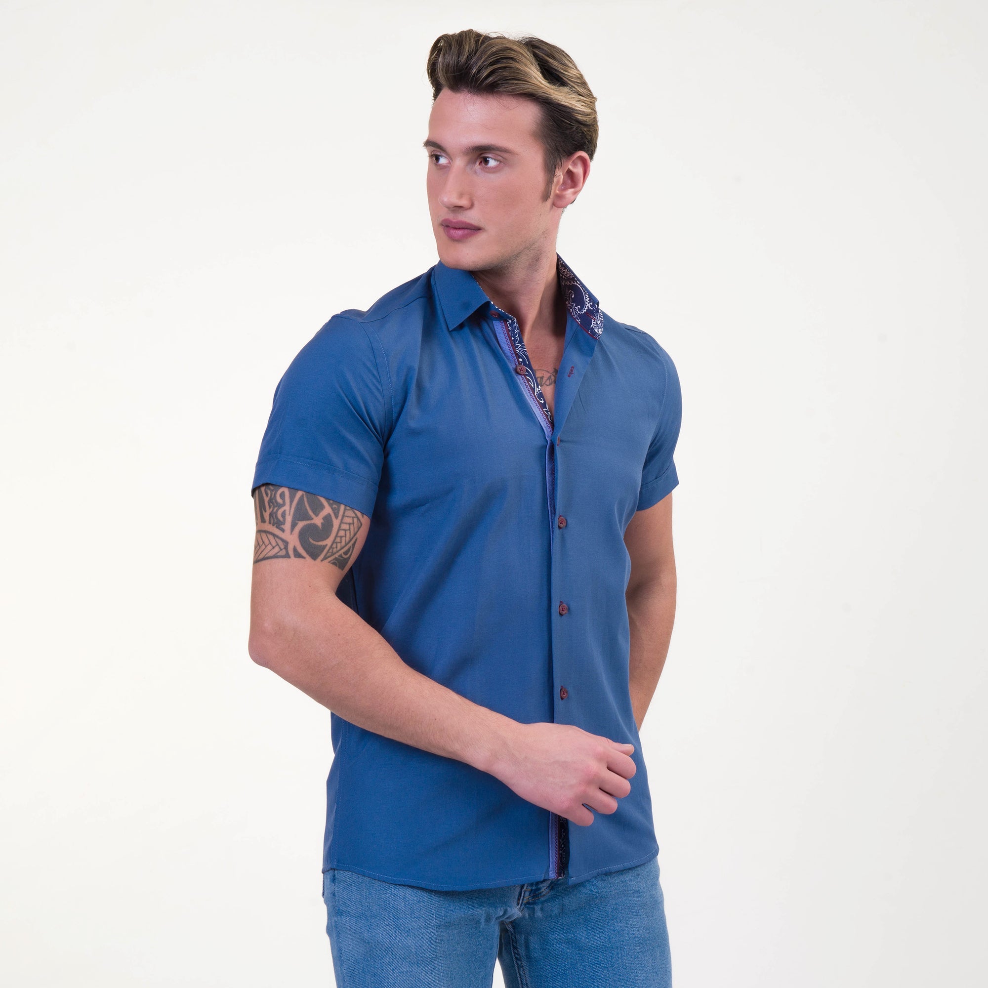 Rich Blue Mens Short Sleeve Button up Shirts - Tailored Slim Fit - Horizon Bliss