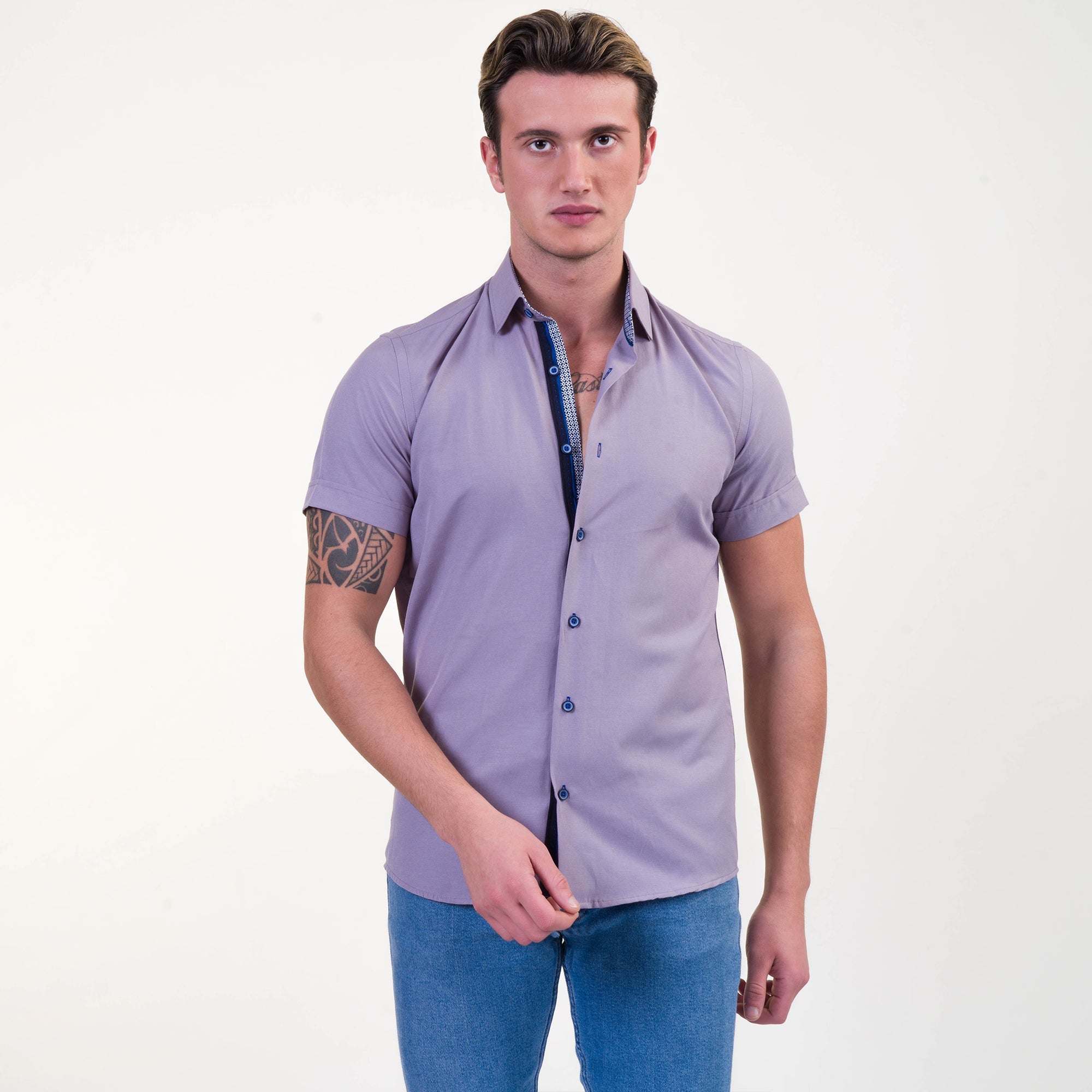 Grayish Blue Mens Short Sleeve Button up Shirts - Tailored Slim Fit - Horizon Bliss