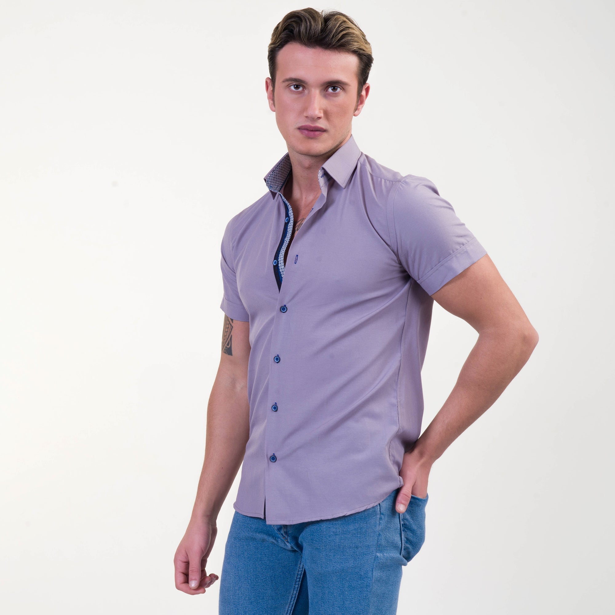 Grayish Blue Mens Short Sleeve Button up Shirts - Tailored Slim Fit - Horizon Bliss