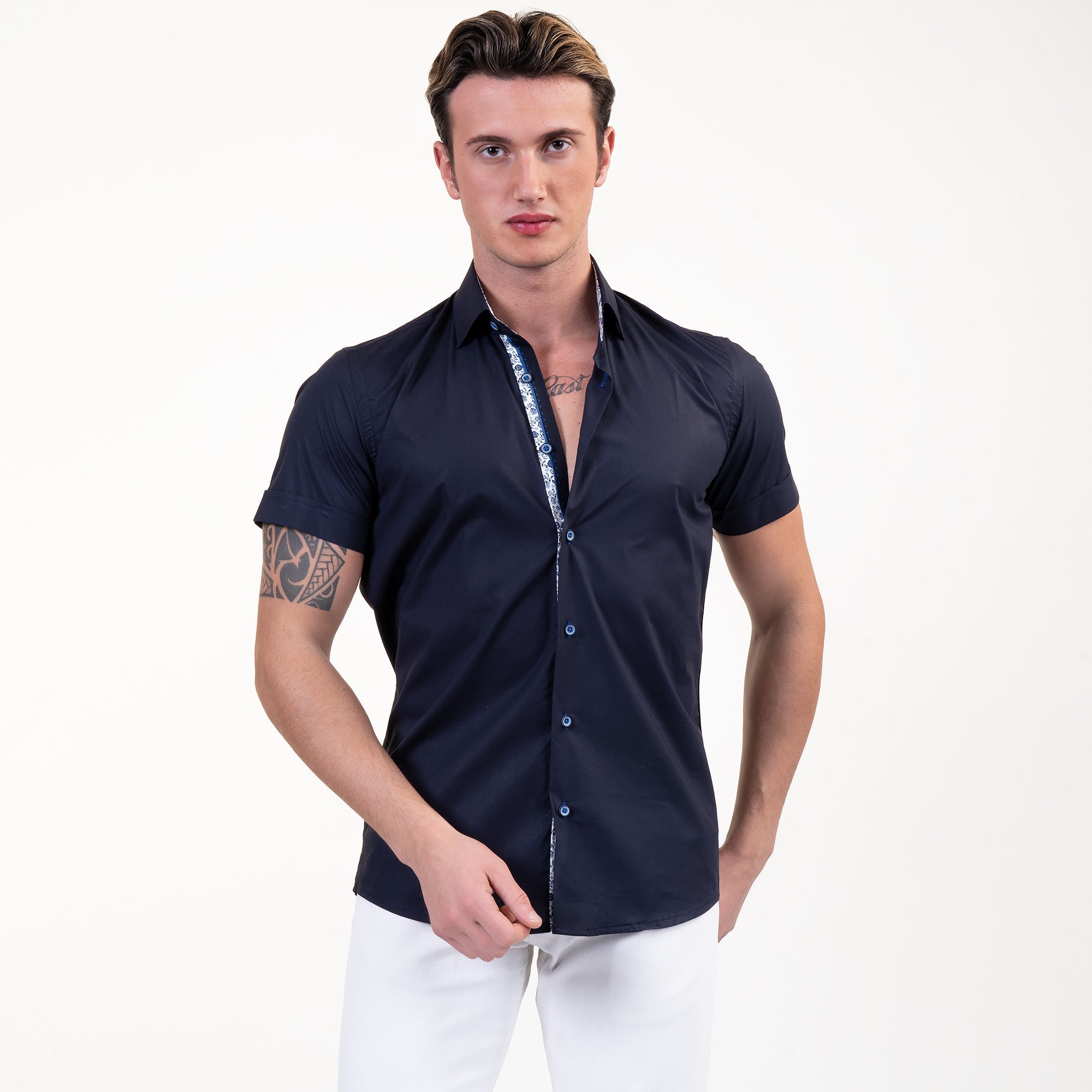 Solid Black Mens Short Sleeve Button up Shirts - Tailored Slim Fit - Horizon Bliss