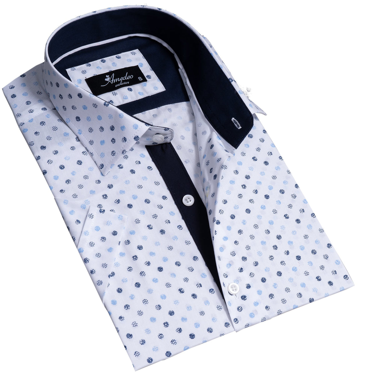 White Blue Dots Mens Short Sleeve Button up Shirts - Tailored Slim Fit - Horizon Bliss