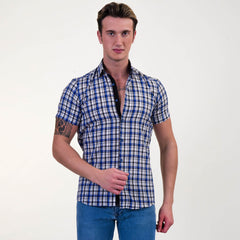 Blue & White Checkered Mens Short Sleeve Button up Shirts - Tailored - Horizon Bliss