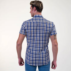 Blue & White Checkered Mens Short Sleeve Button up Shirts - Tailored - Horizon Bliss