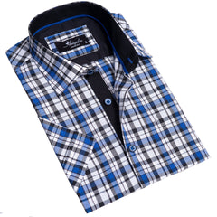 Blue & White Checkered Mens Short Sleeve Button up Shirts - Tailored - Horizon Bliss