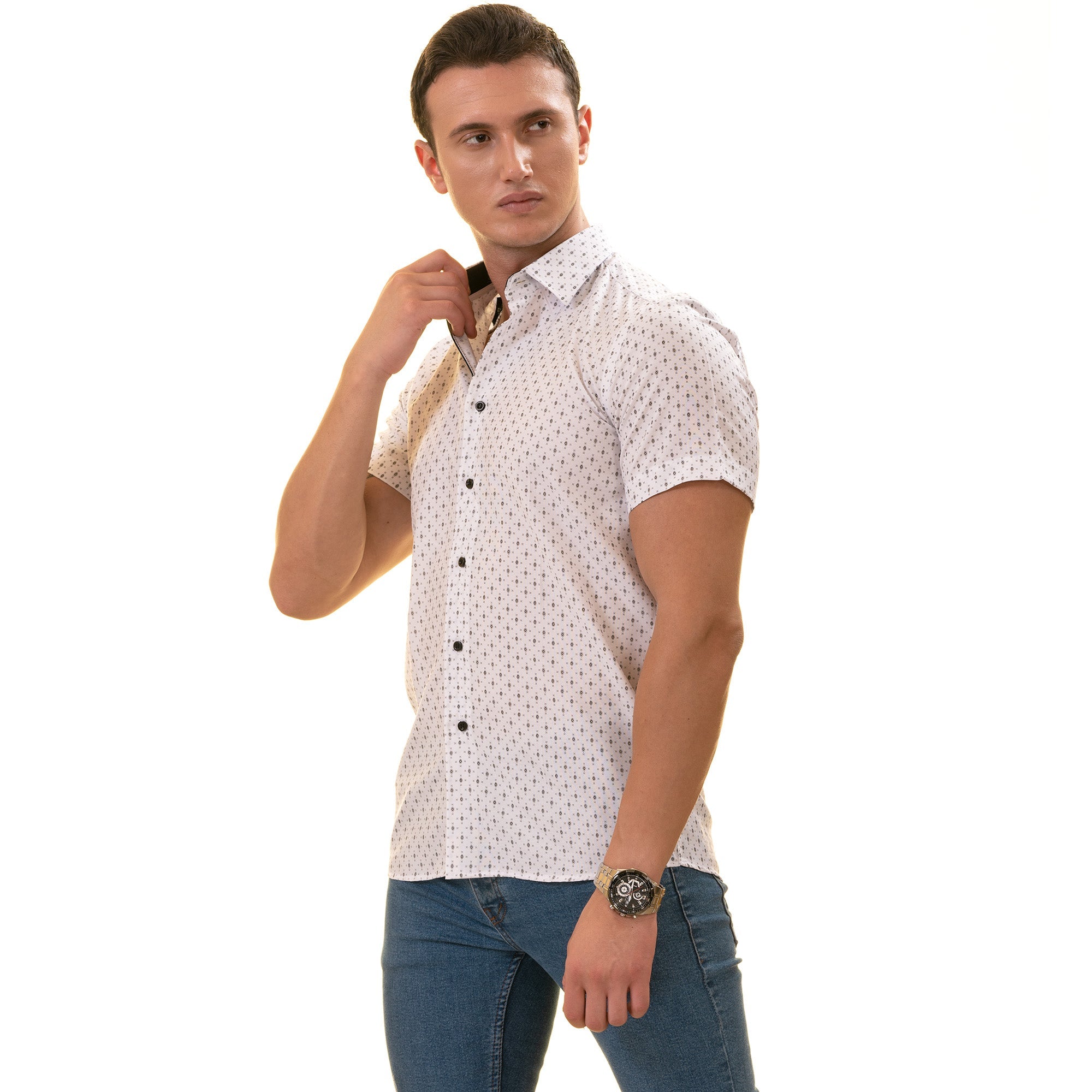 White with Black Printed Paisley  Short Sleeve Button up Shirts - - Horizon Bliss