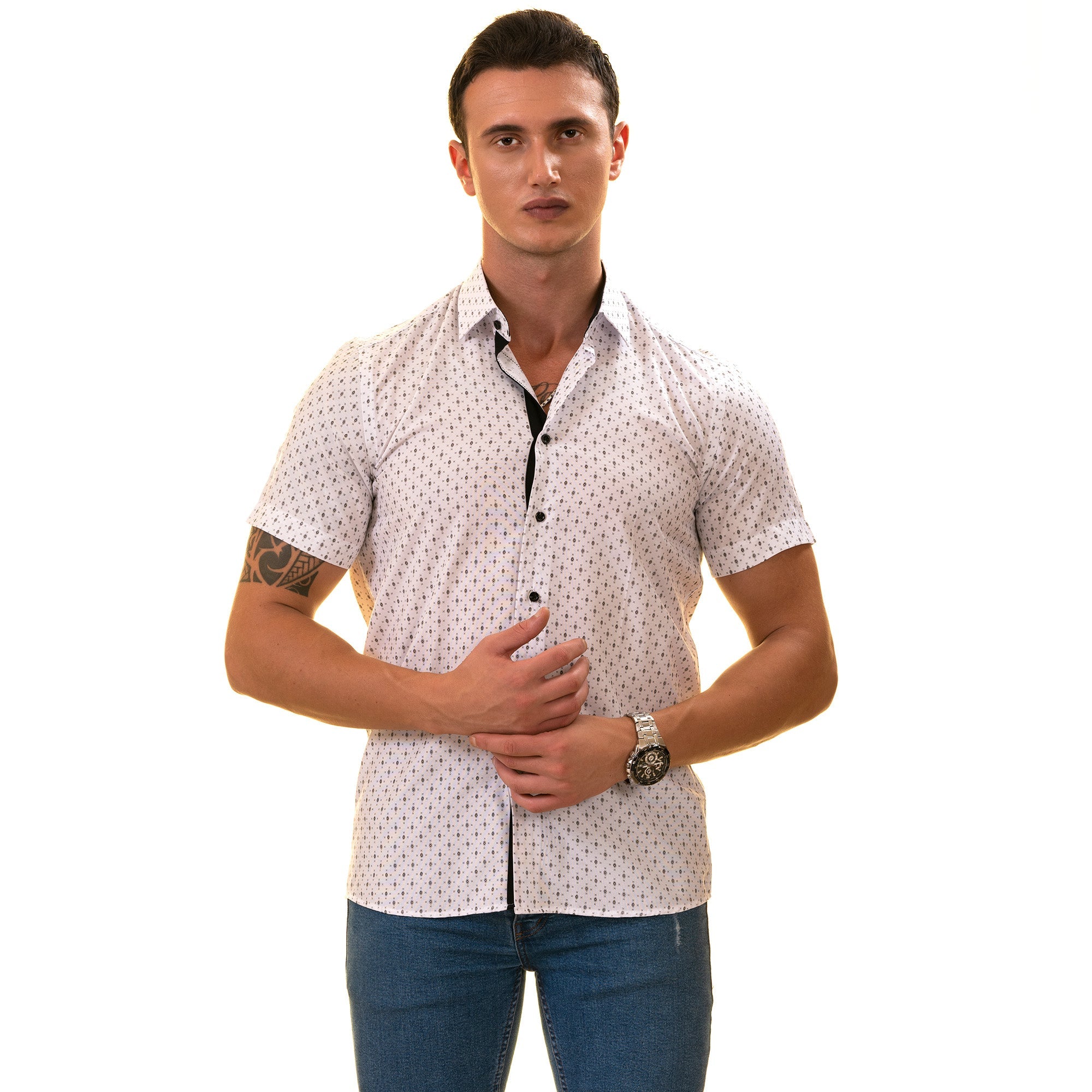 White with Black Printed Paisley  Short Sleeve Button up Shirts - - Horizon Bliss