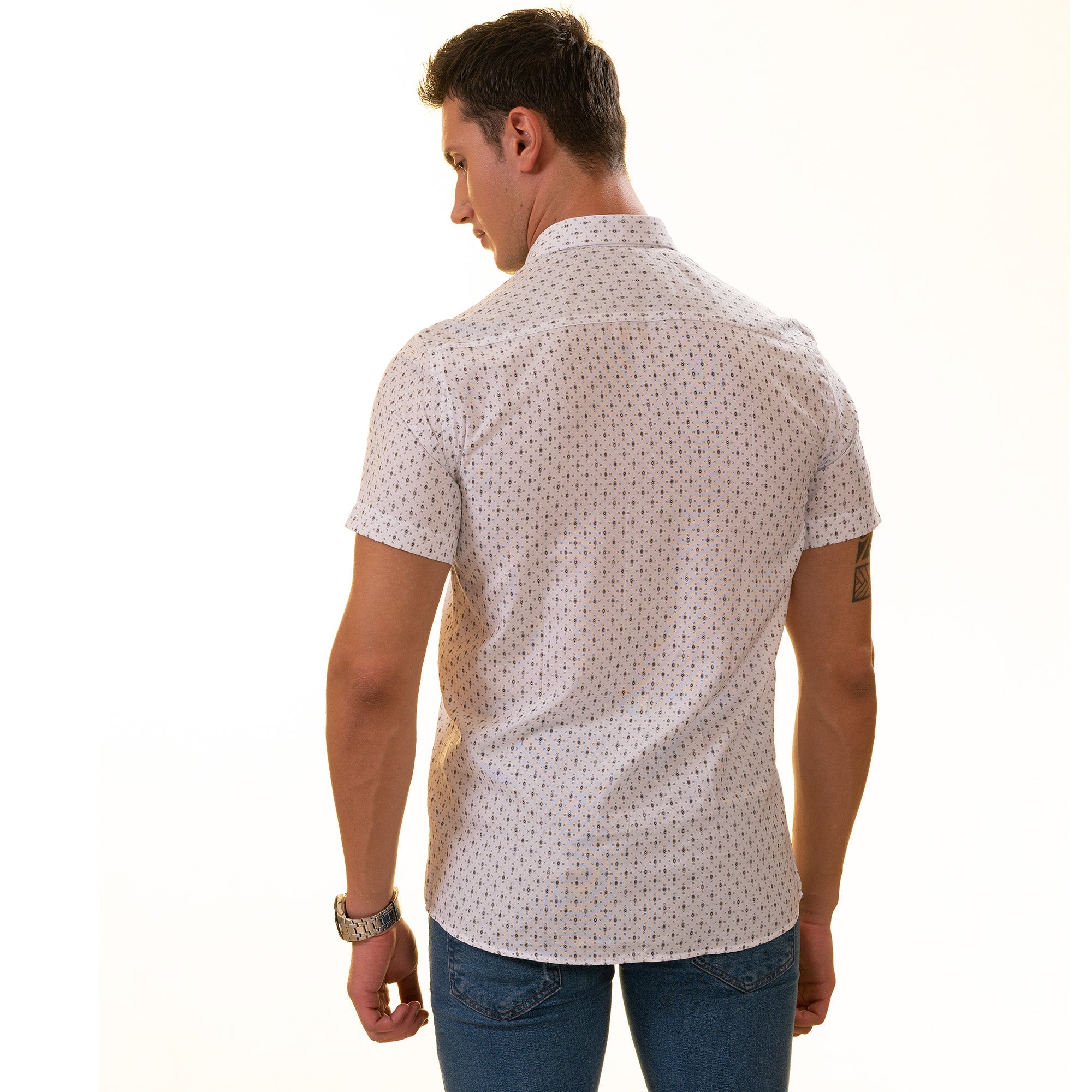 White with Black Printed Paisley  Short Sleeve Button up Shirts - - Horizon Bliss