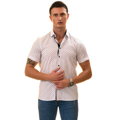 White with Black Printed Paisley  Short Sleeve Button up Shirts - - Horizon Bliss