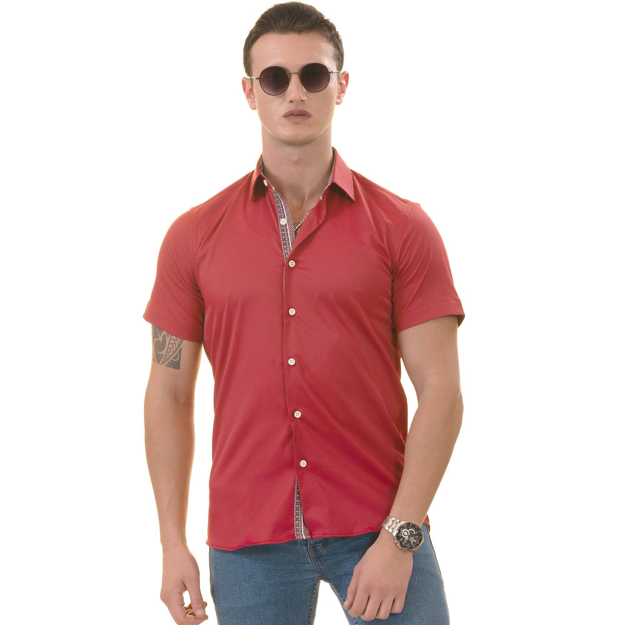 Red with Burgandy interior Paisley  Short Sleeve Button up Shirts - - Horizon Bliss