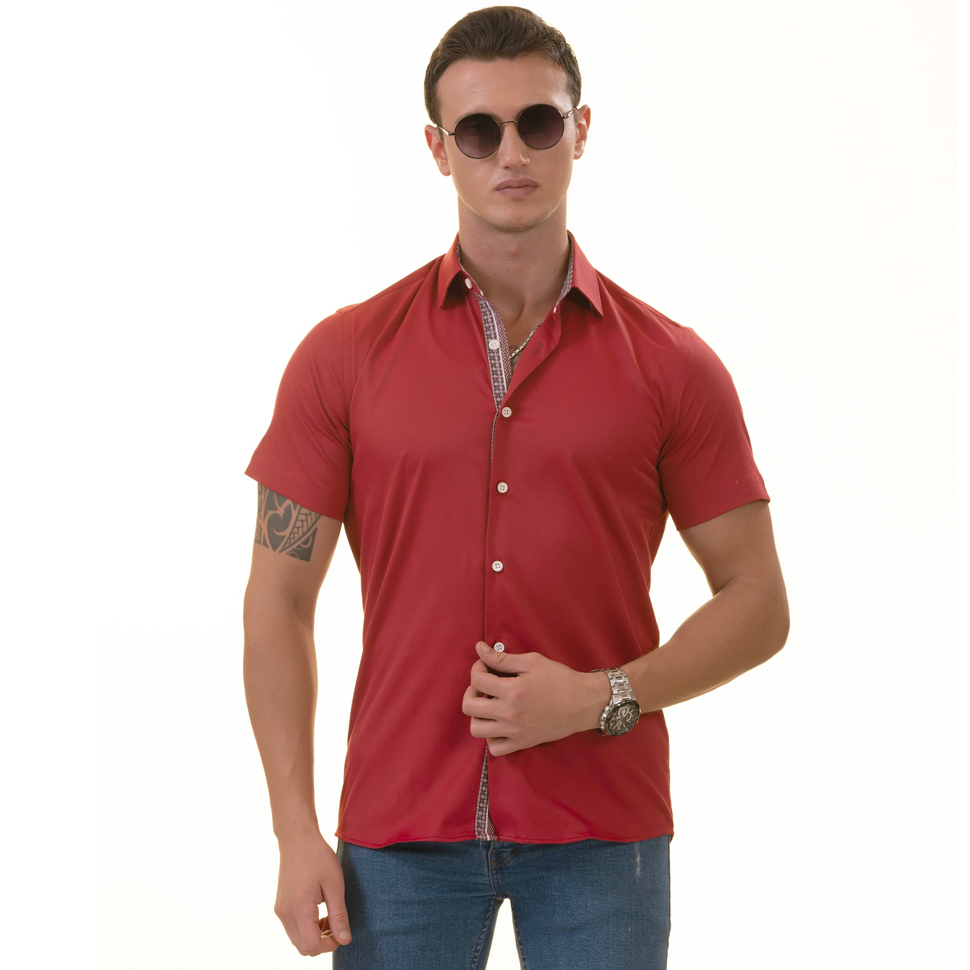 Red with Burgandy interior Paisley  Short Sleeve Button up Shirts - - Horizon Bliss