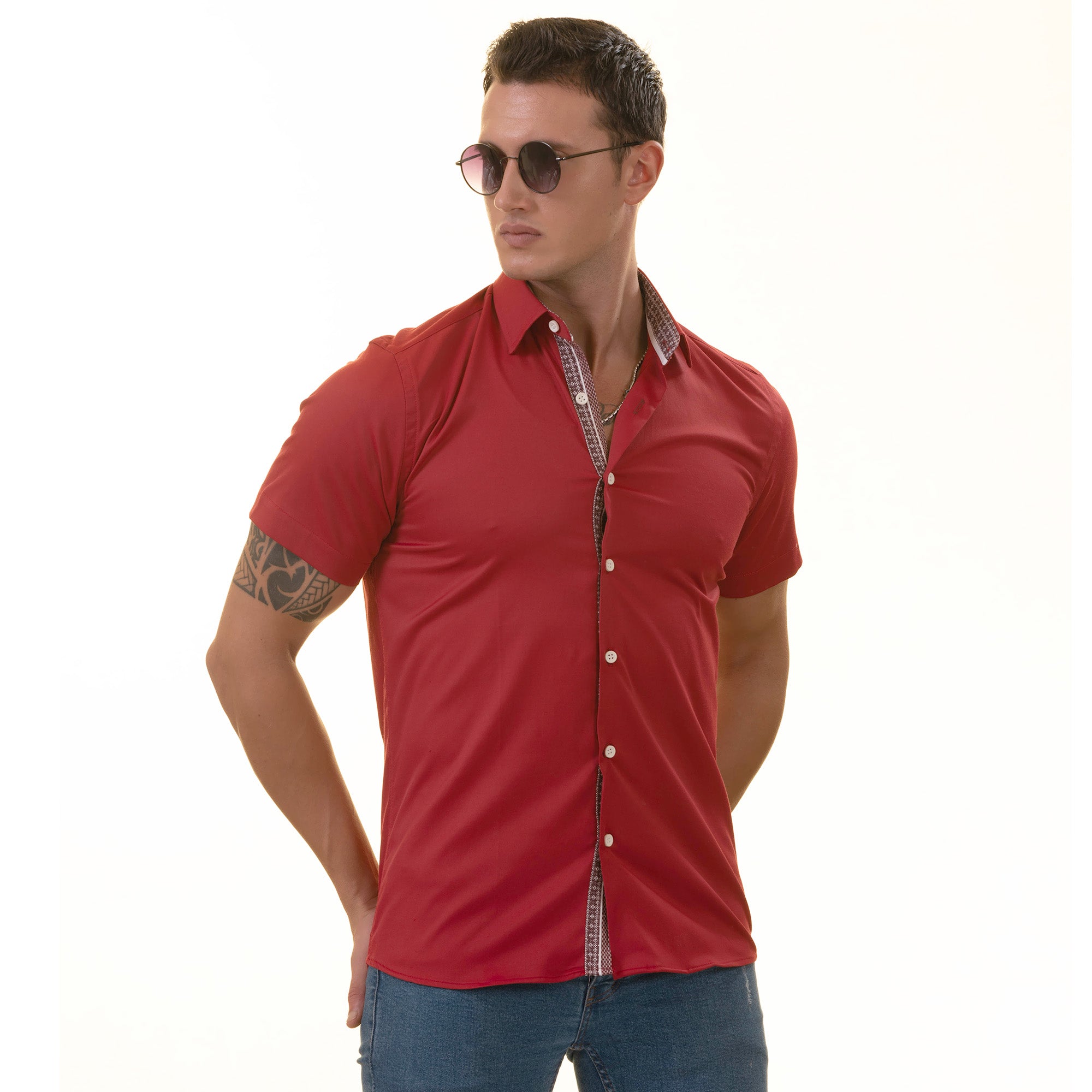 Red with Burgandy interior Paisley  Short Sleeve Button up Shirts - - Horizon Bliss