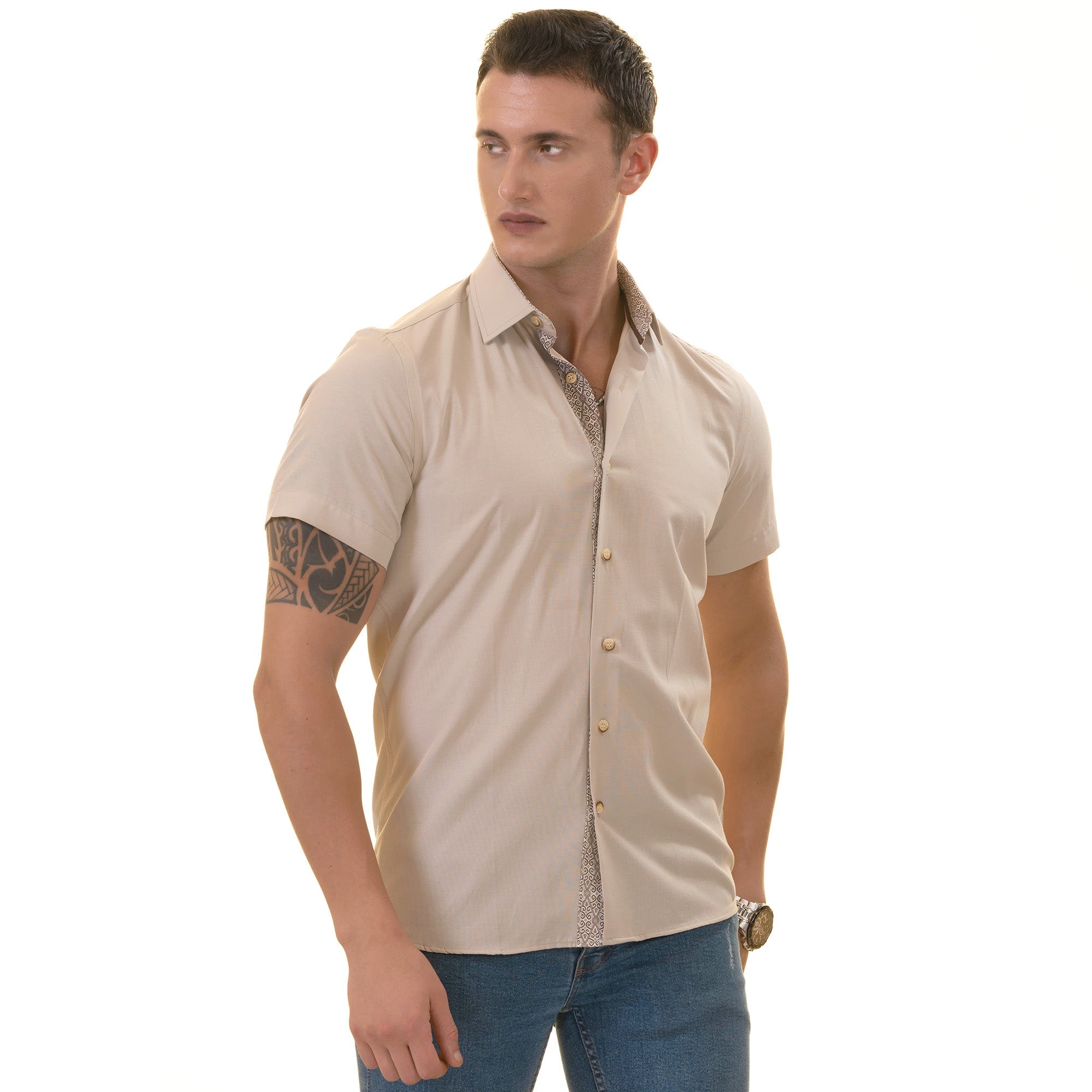 Beige inside different Paisley  Short Sleeve Button up Shirts - - Horizon Bliss